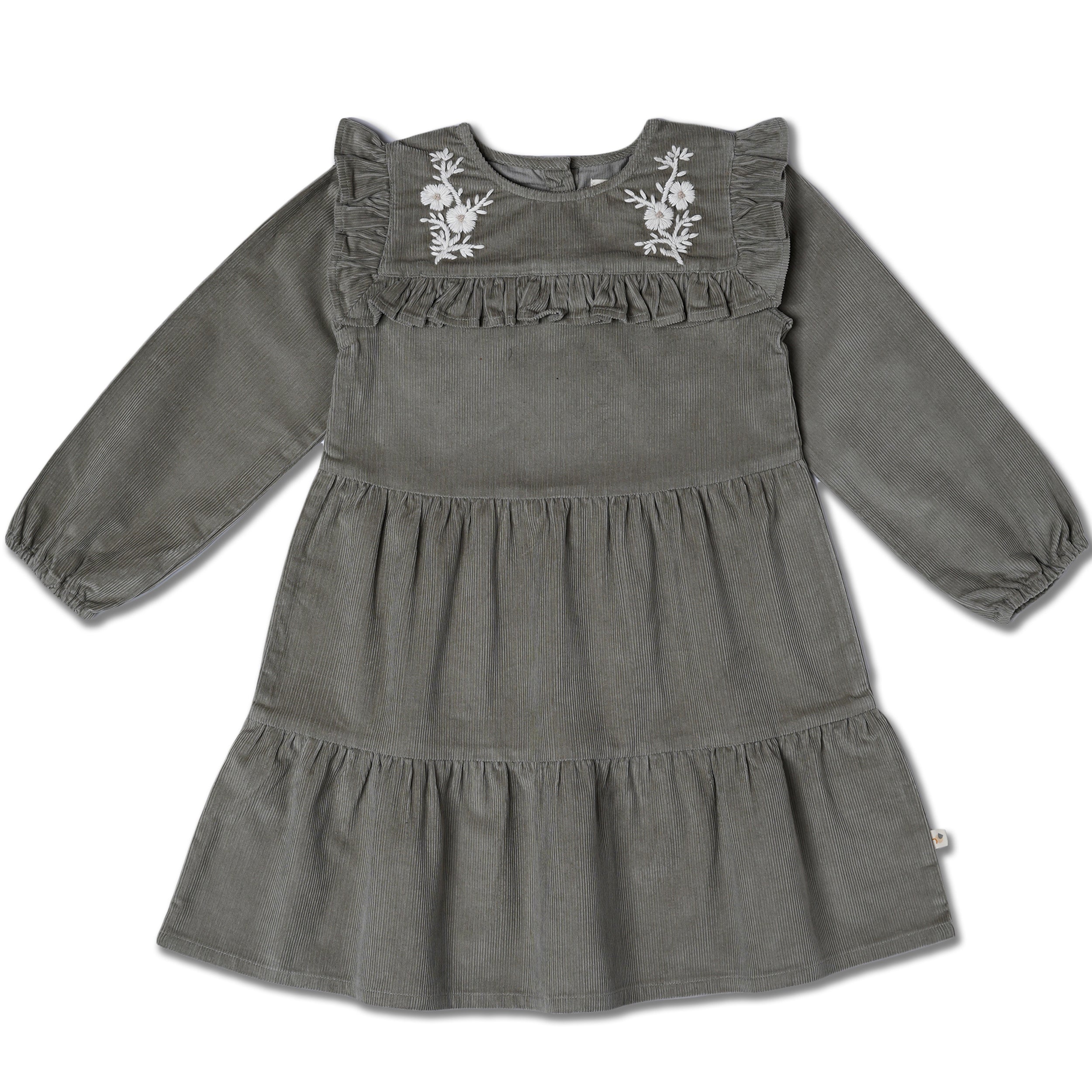 Organic Embroidered Corduroy Dress - Olive - Makemake Organics