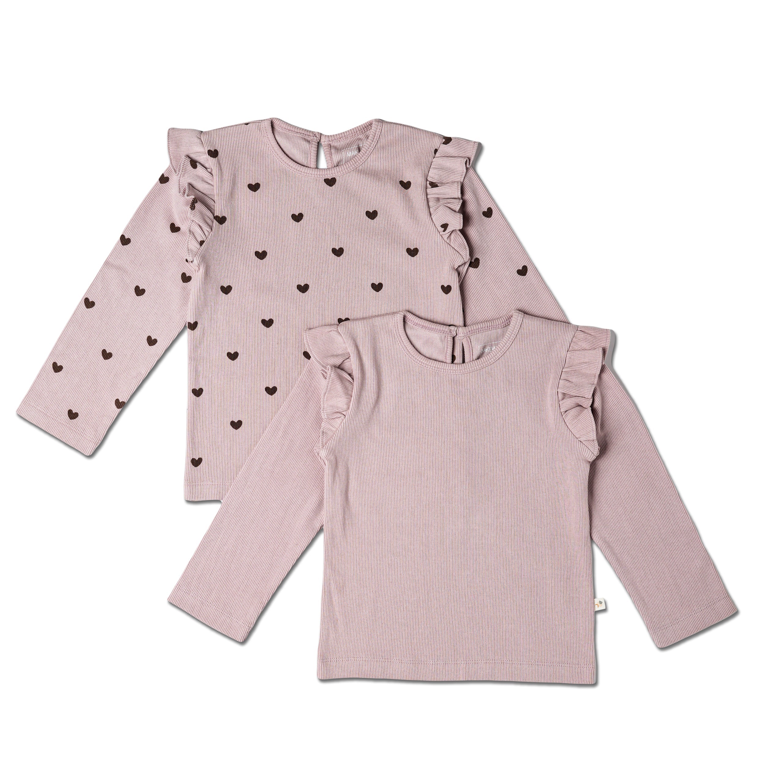 Organic Ruffle Long Sleeve Top Set of 2 - Hearts + Dusty Rose - Makemake Organics