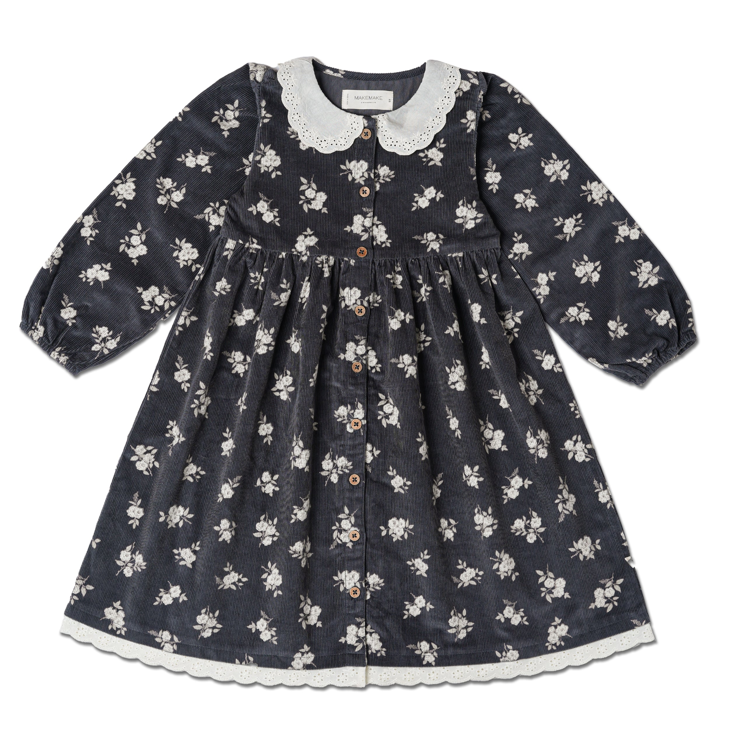 Organic Corduroy Collared Button Dress - Navy Bloom - Makemake Organics