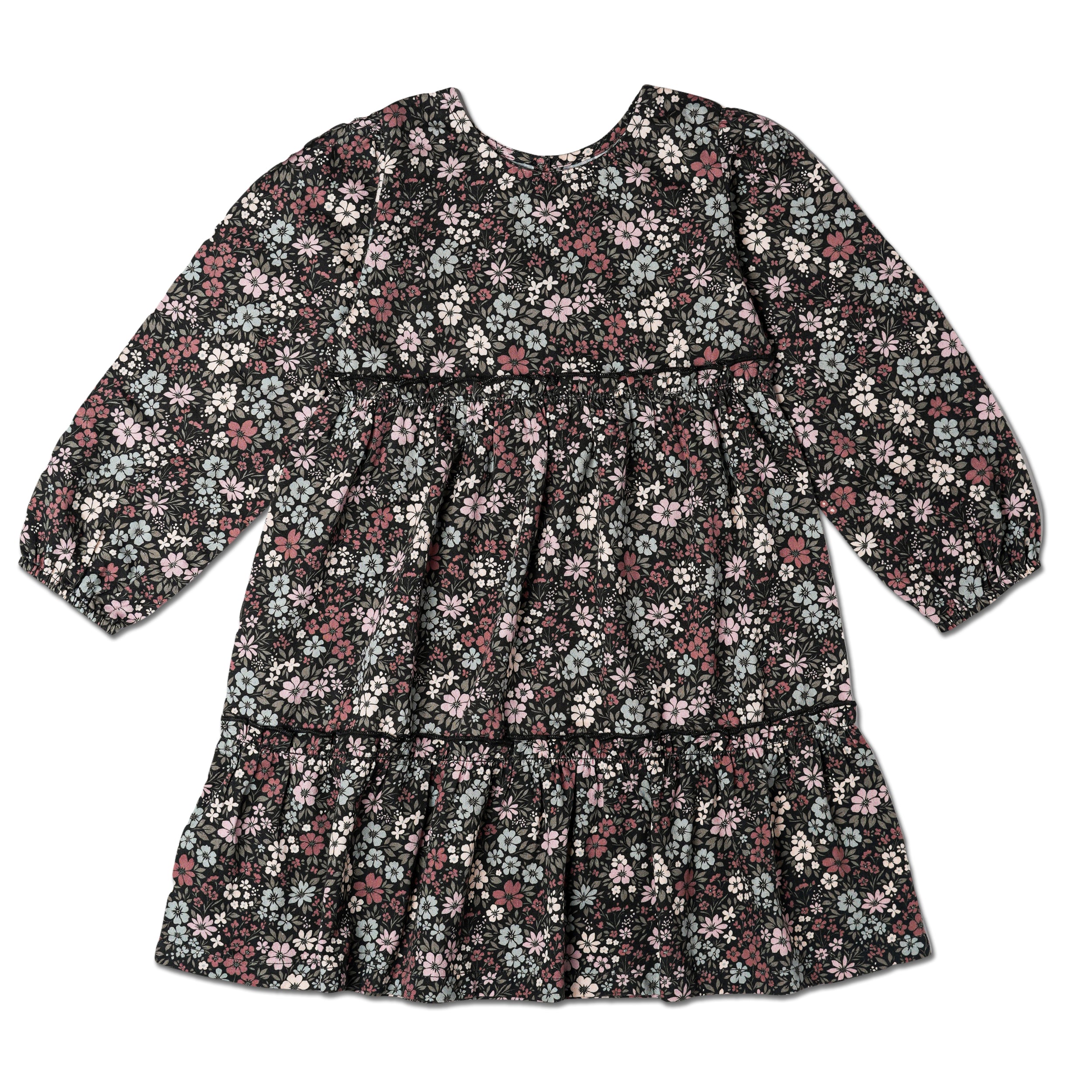 Organic Long Sleeve Tiered Dress - Bohemian Floral - Makemake Organics