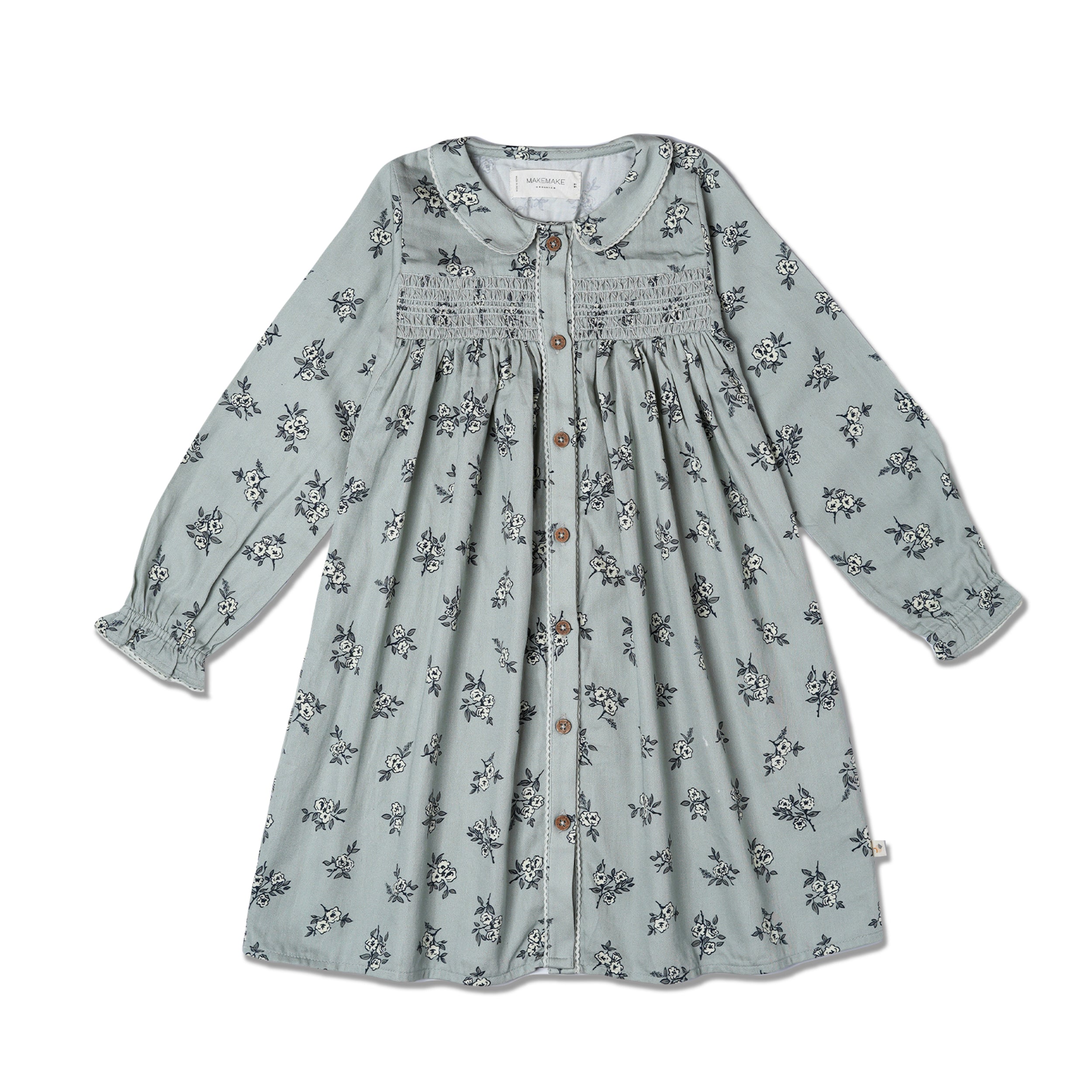Organic Smocked Button Dress - Sage Bloom - Makemake Organics