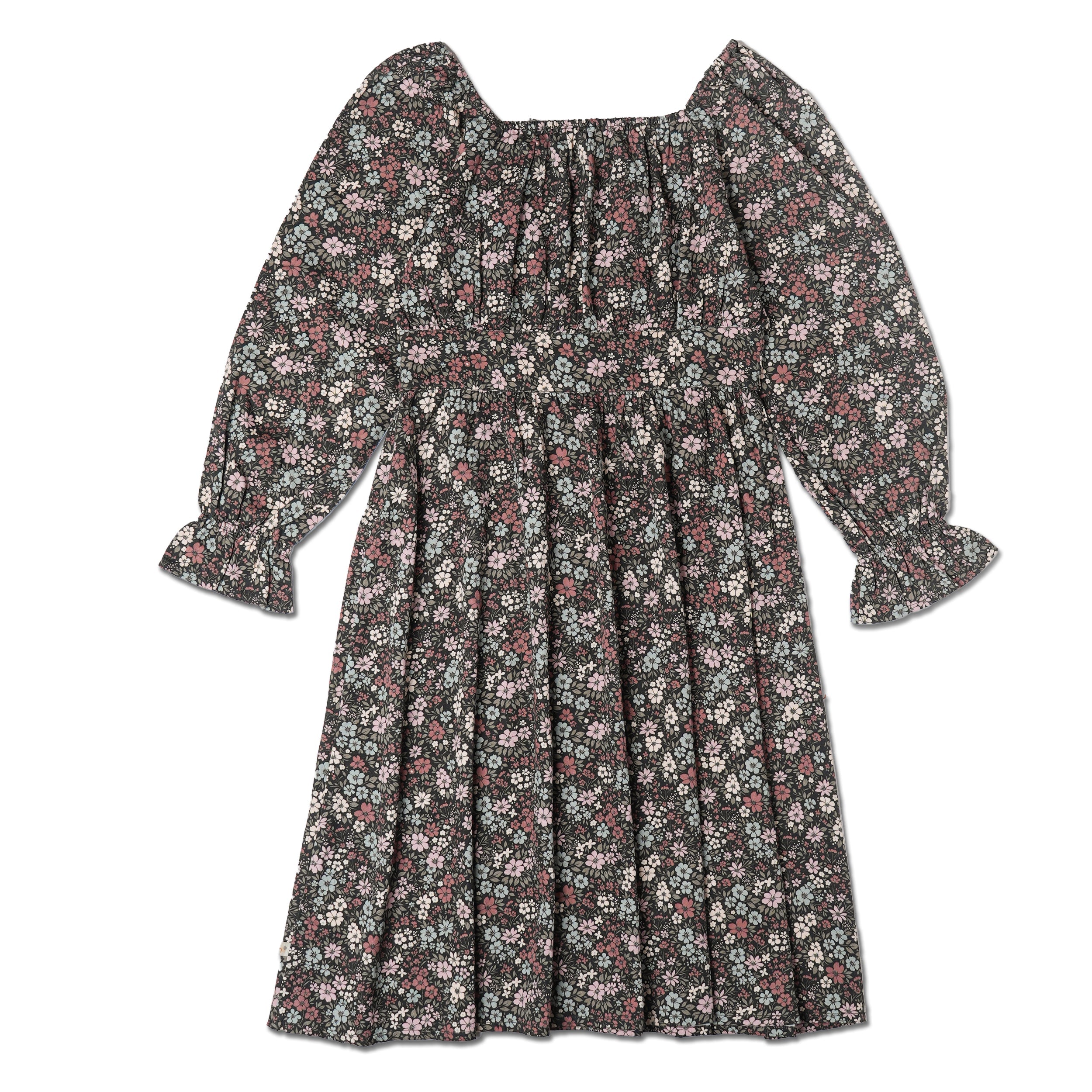 Organic Long Sleeve Ruffle Dress - Bohemian Floral - Makemake Organics