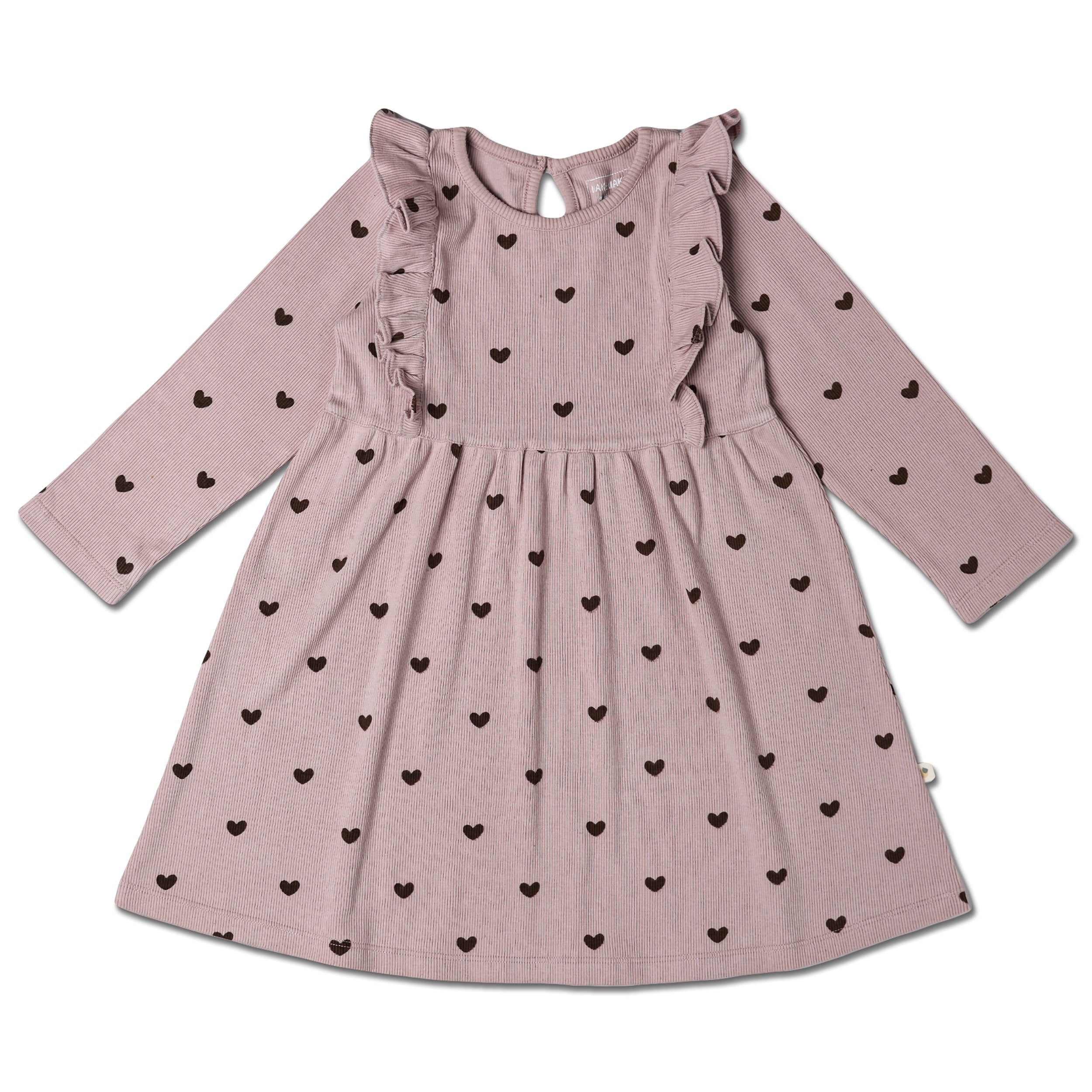 Organic Long Sleeve Ruffle Dress - Hearts - Makemake Organics