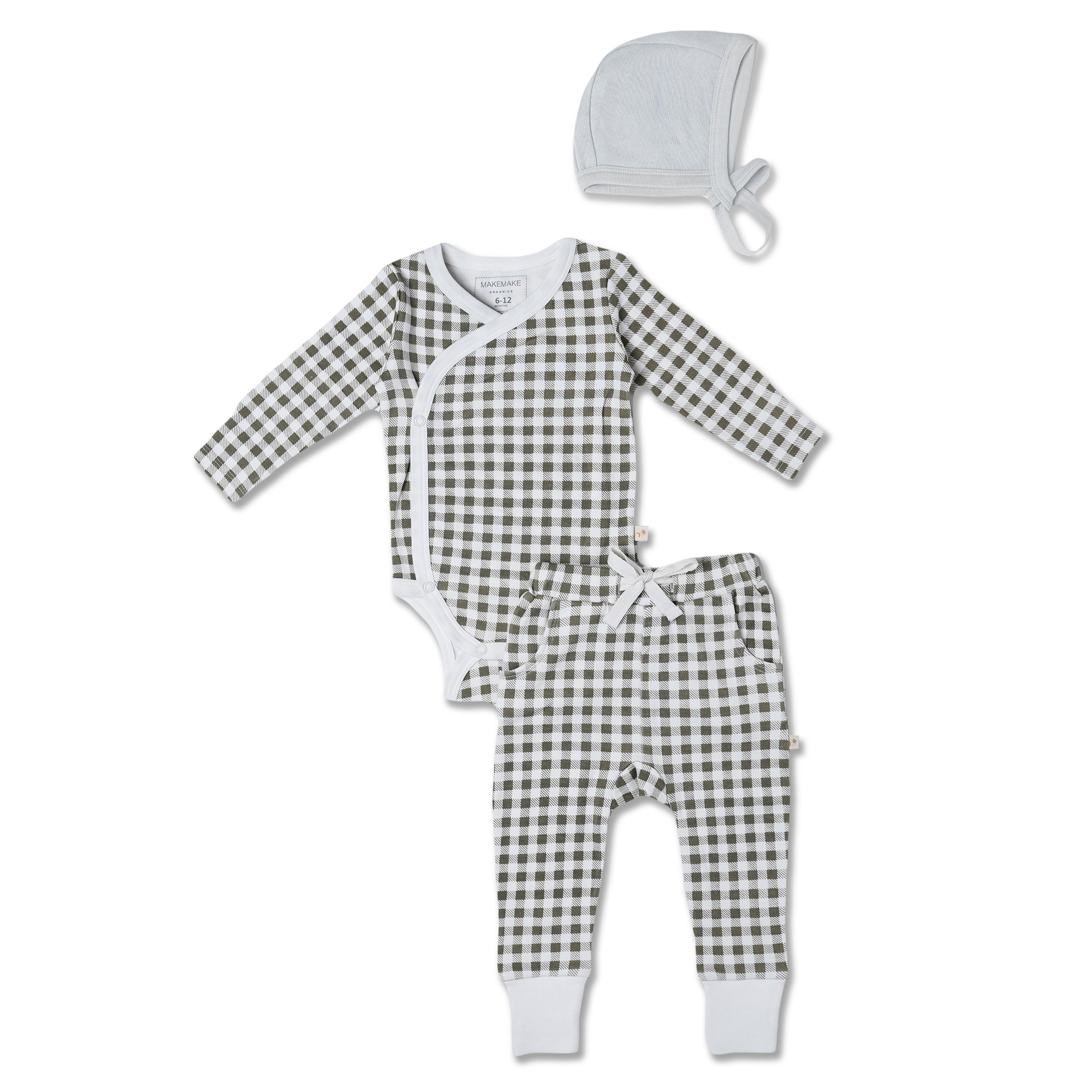 Organic Kimono Onesie & Pants Set - Olive Gingham - Makemake Organics
