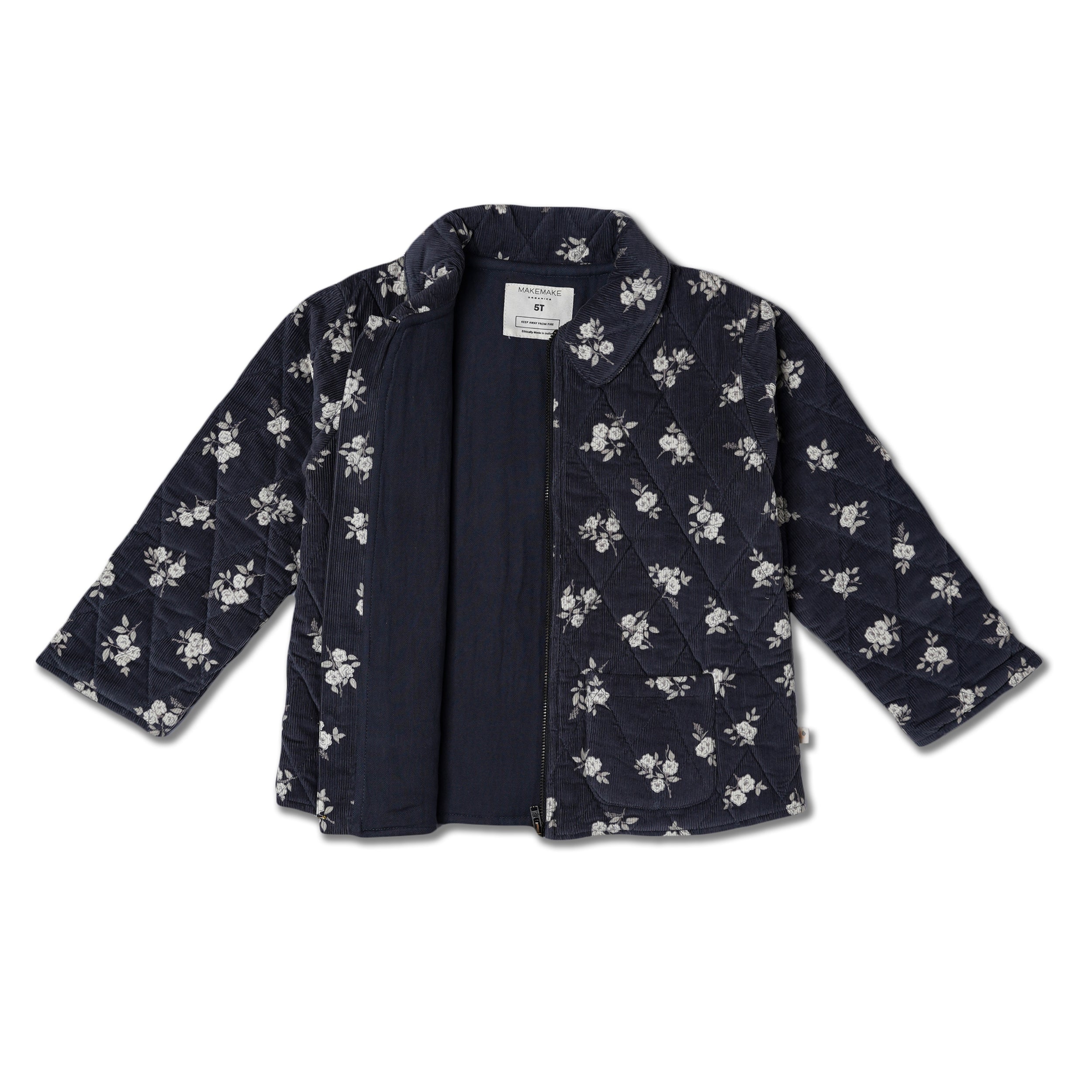 Organic Quilted Corduroy Zipper Jacket - Navy Bloom - Makemake Organics