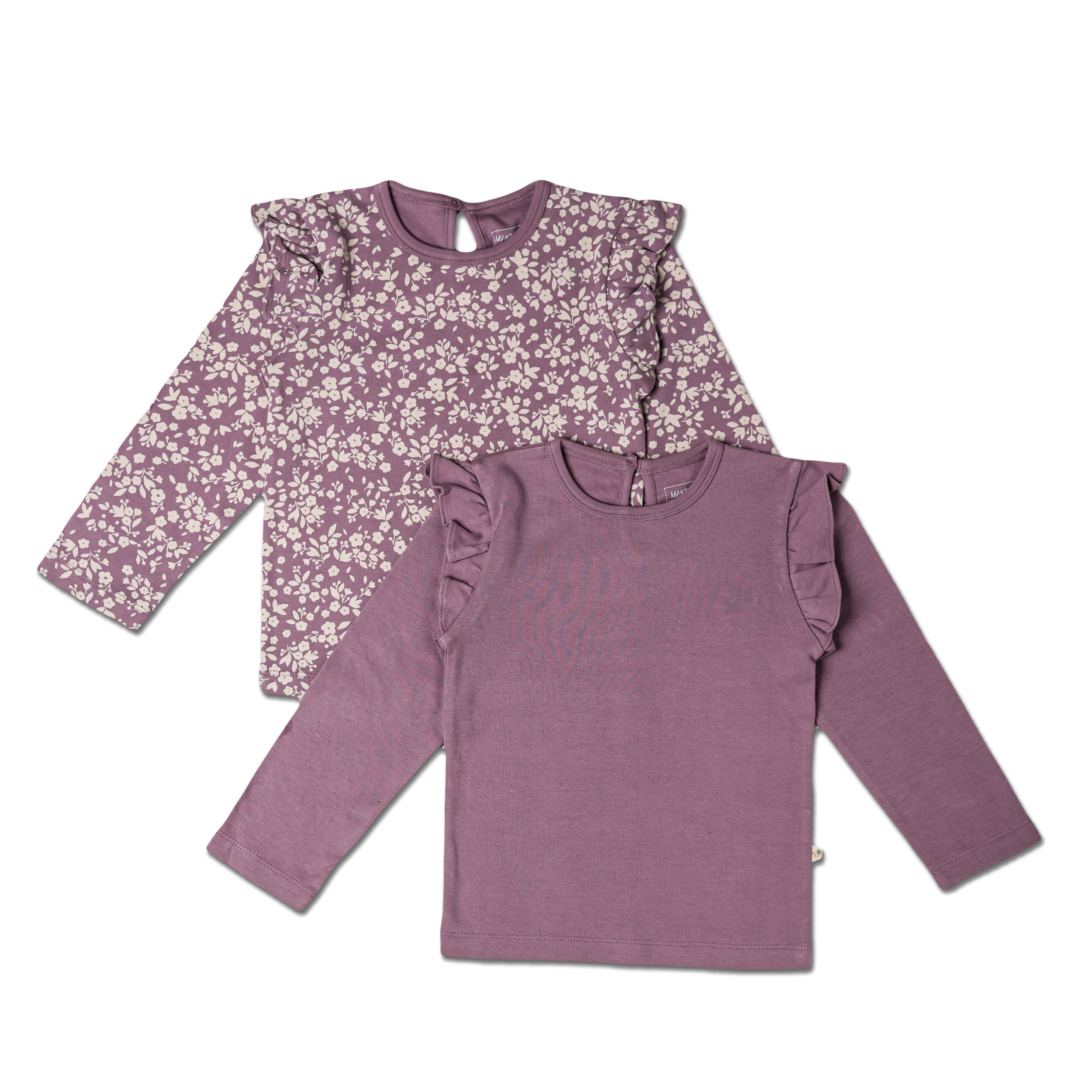 Organic Ruffle Long Sleeve Top Set of 2 - Thistle + Berry - Makemake Organics