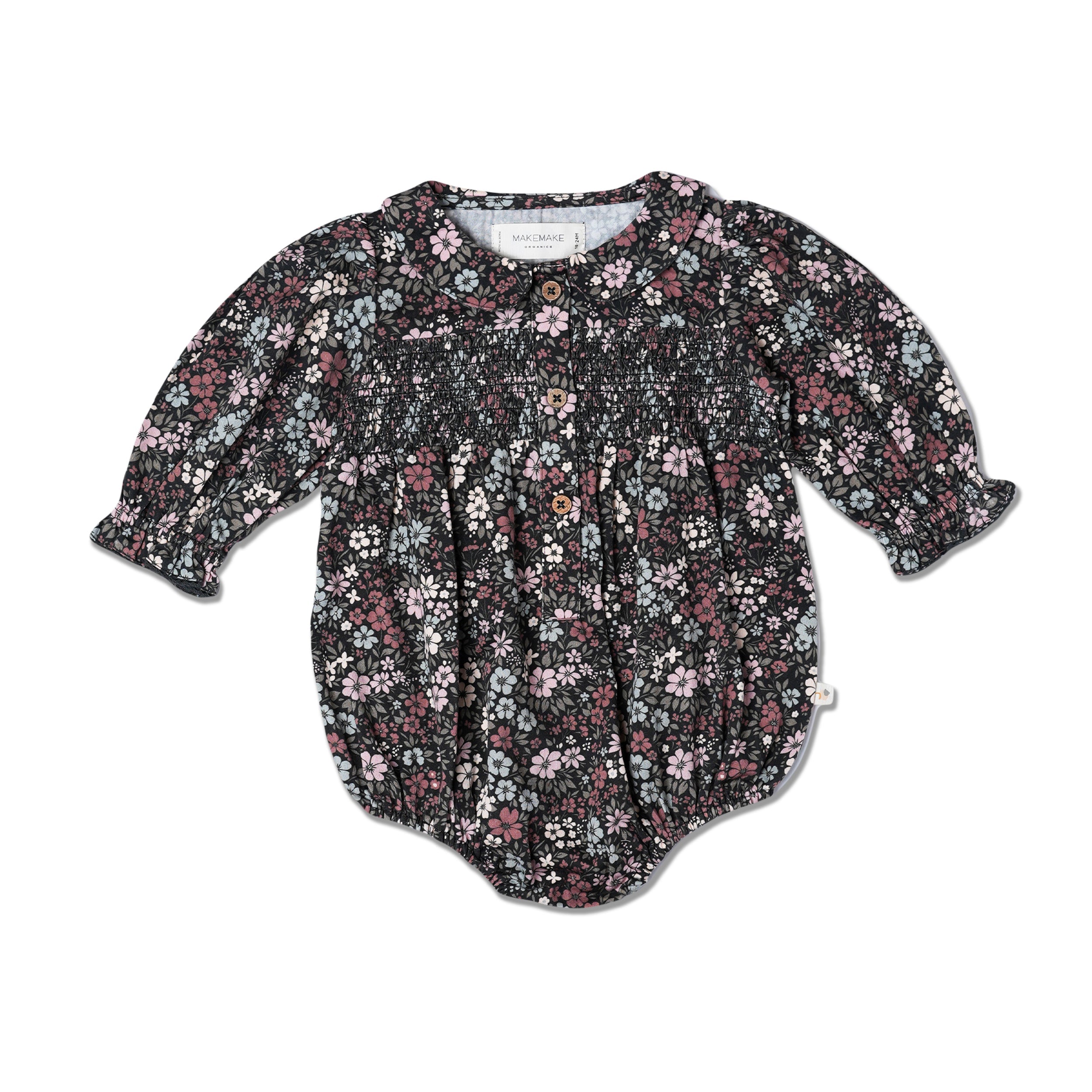 Organic Smocked Bubble Romper - Bohemian Floral - Makemake Organics