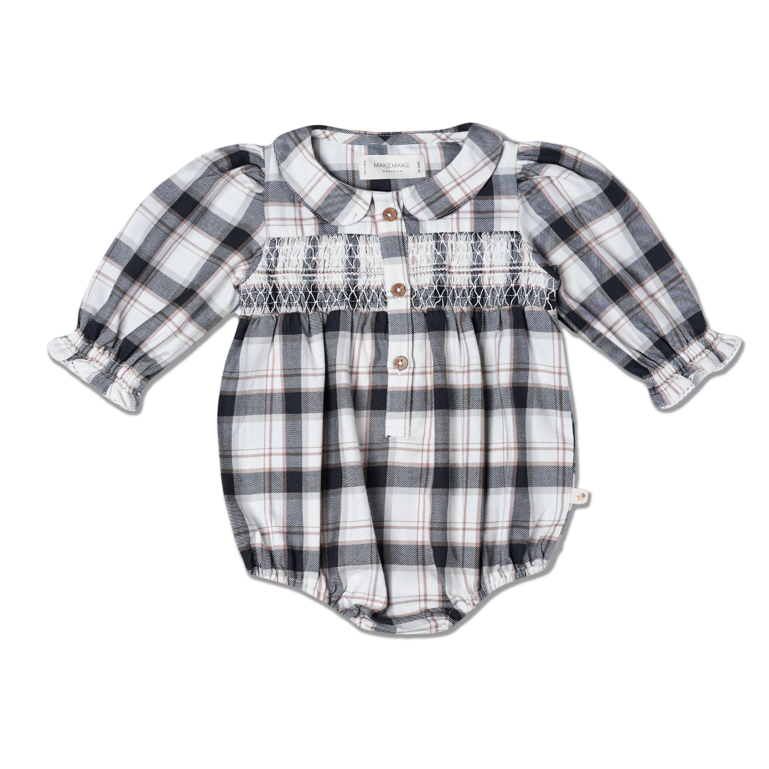 Organic Smocked Bubble Romper - Plaid Checks - Makemake Organics