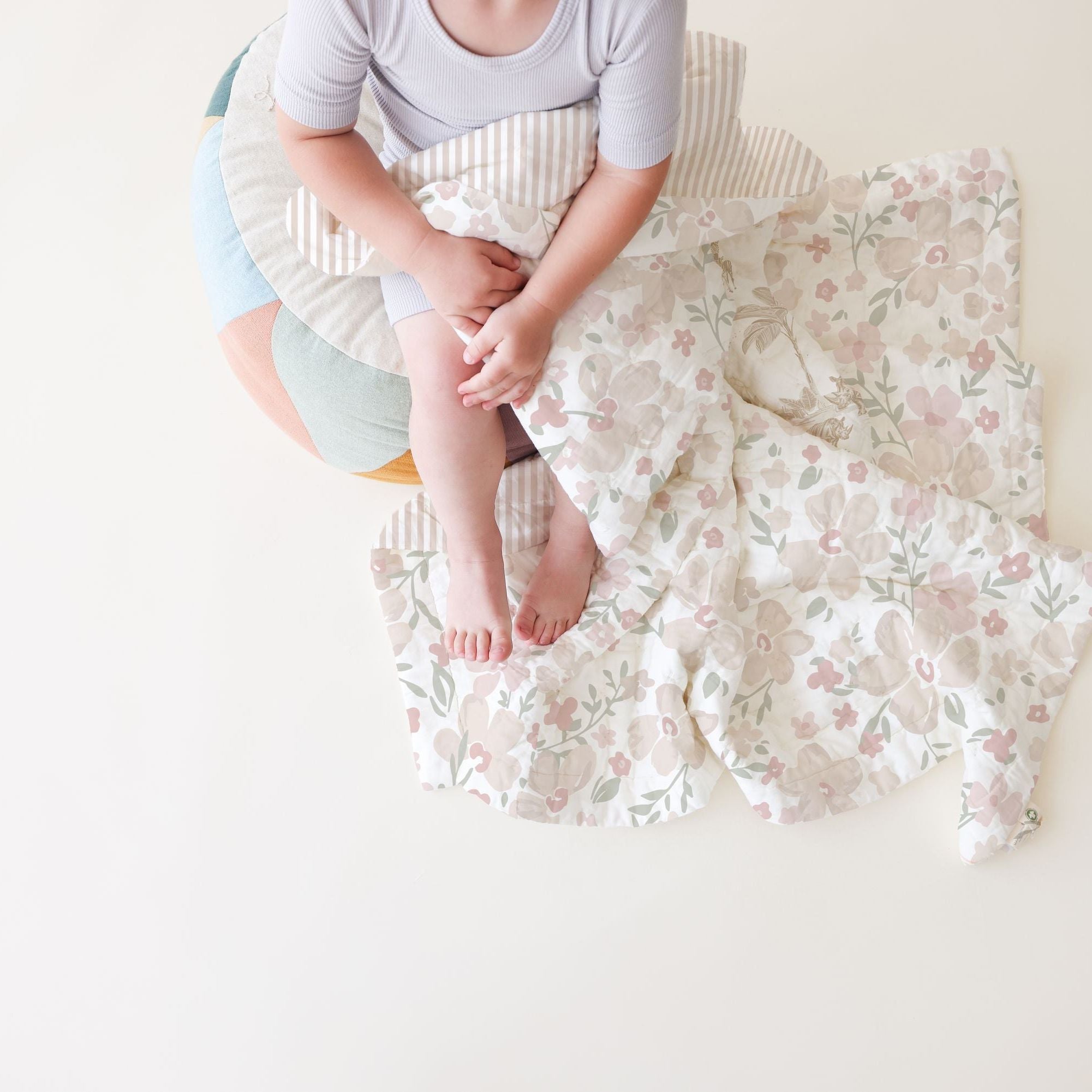 Organic Kids Quilt - Blossom & Beige Stripes - Makemake Organics