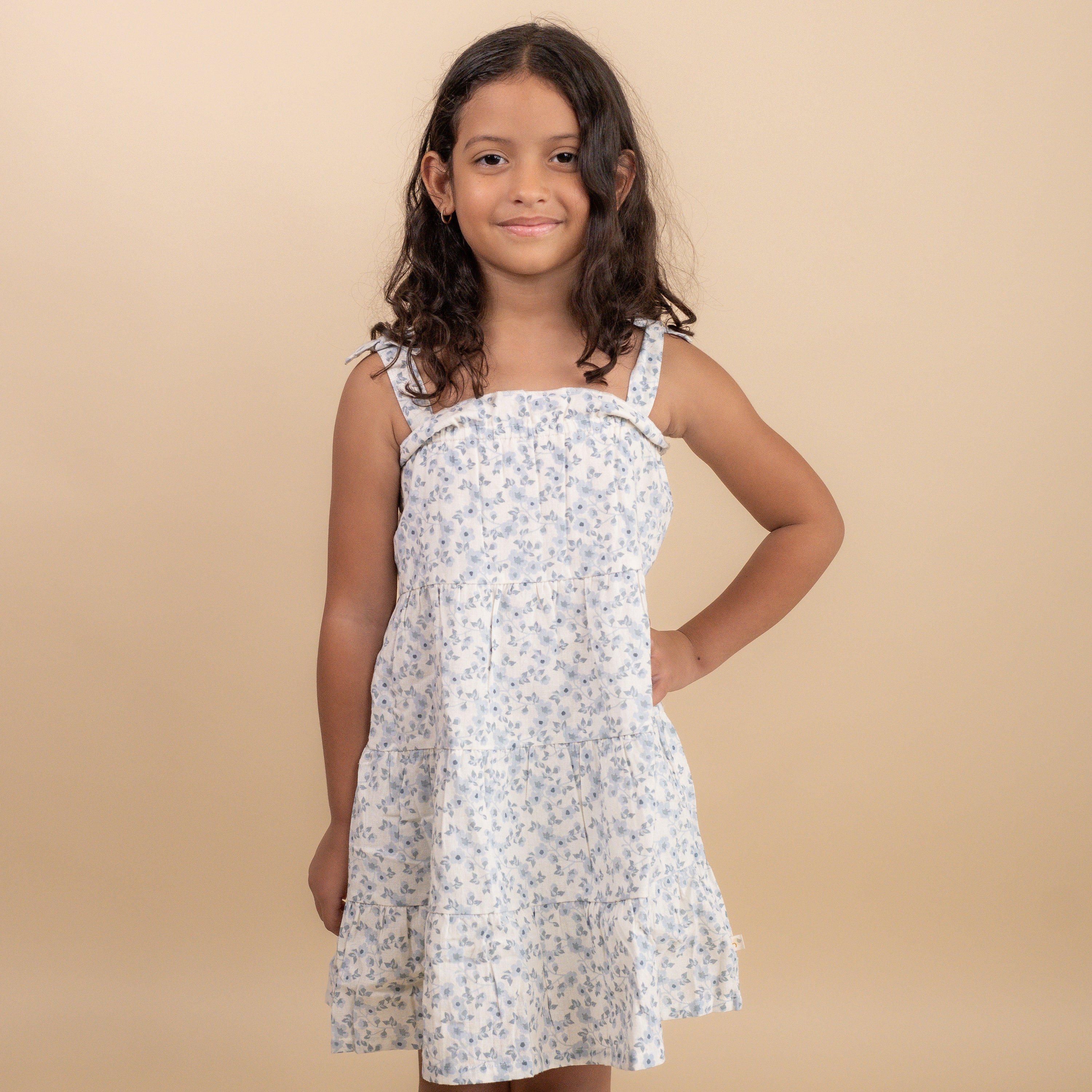 Organic Tiered Dress - Blue Vines - Makemake Organics