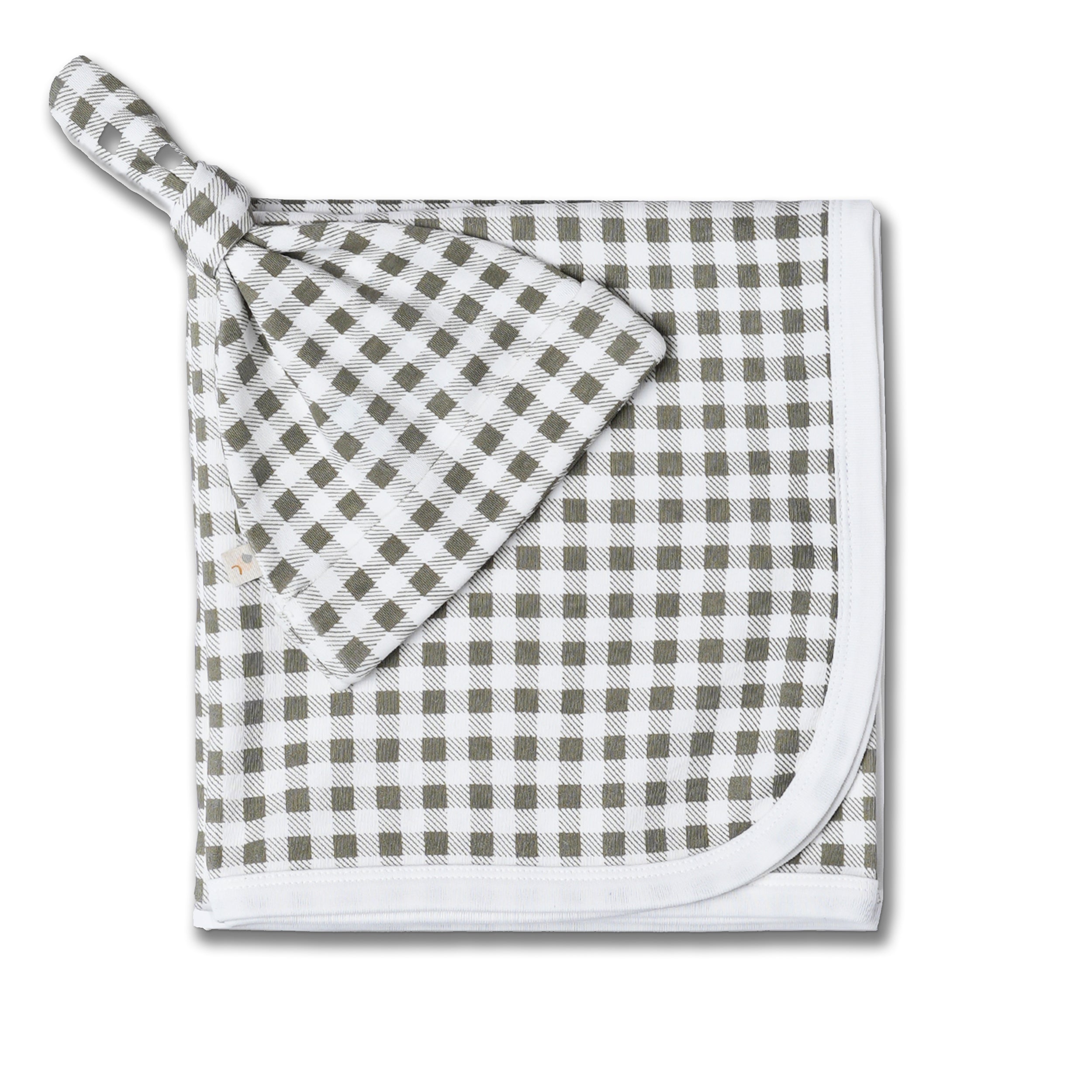Organic Swaddle Blanket & Hat Set - Olive Gingham - Makemake Organics