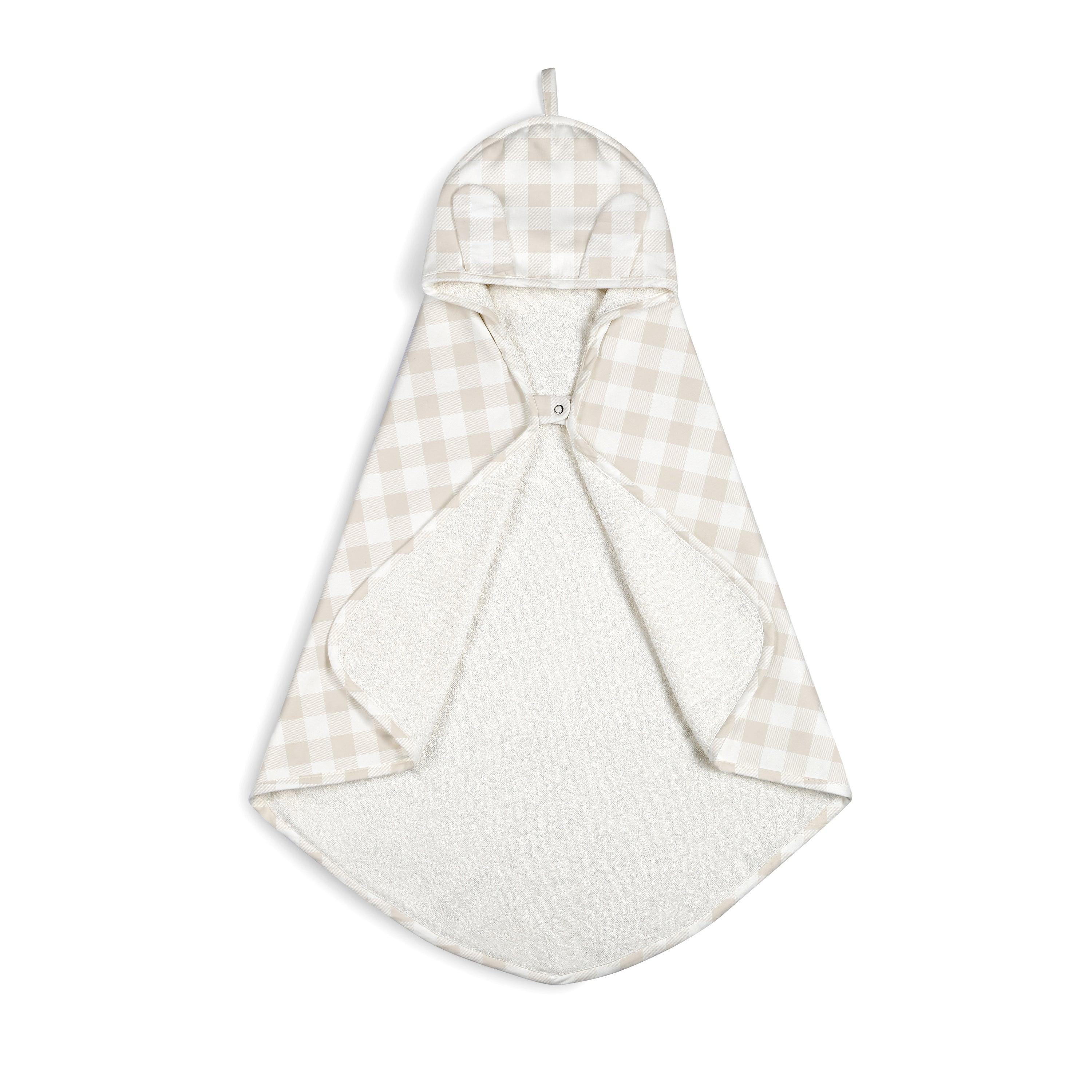 A beige and white checkered Organic Cotton Hooded Baby Towel & Poncho - Plaid from Makemake Organics, displayed flat on a white background.