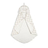A beige and white checkered Organic Cotton Hooded Baby Towel & Poncho - Plaid from Makemake Organics, displayed flat on a white background.