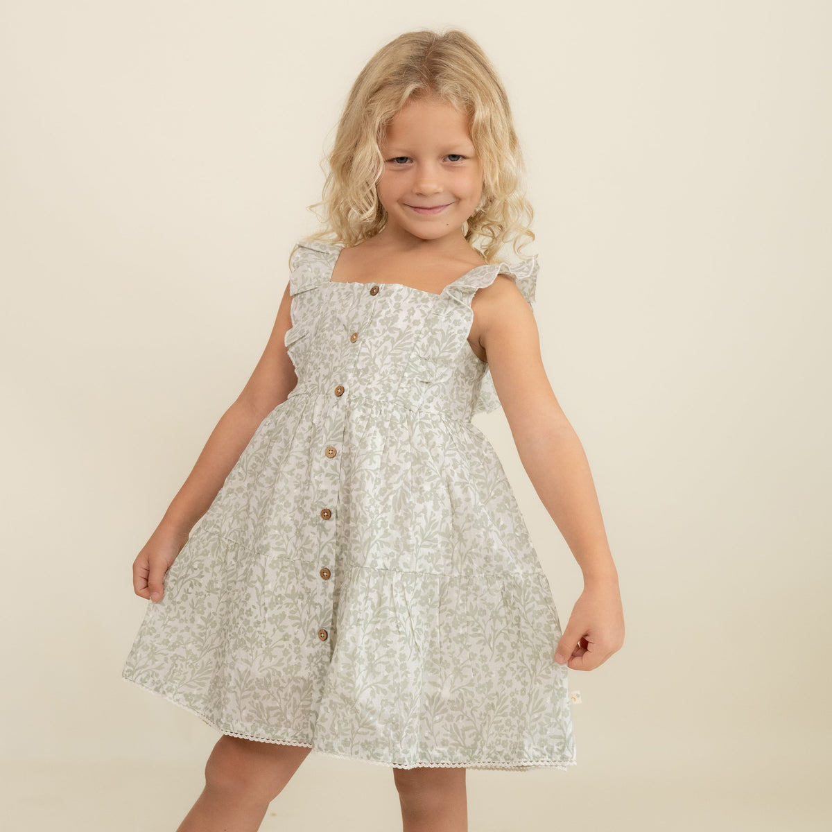 Organic Flutter Buttoned Tiered Dress - Magnolia: 5-6 Years