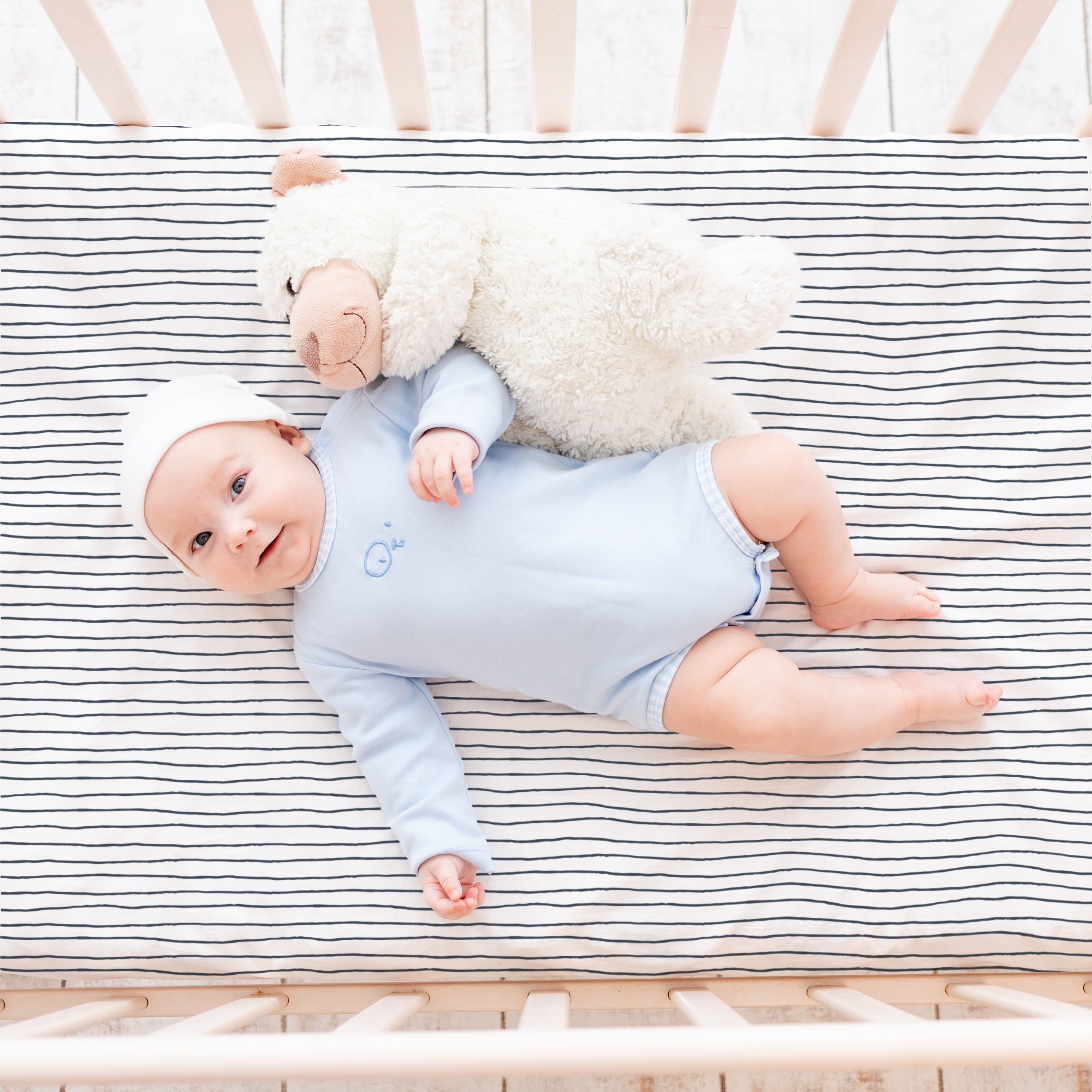 Organic Crib Sheet -Navy Stripes - Makemake Organics