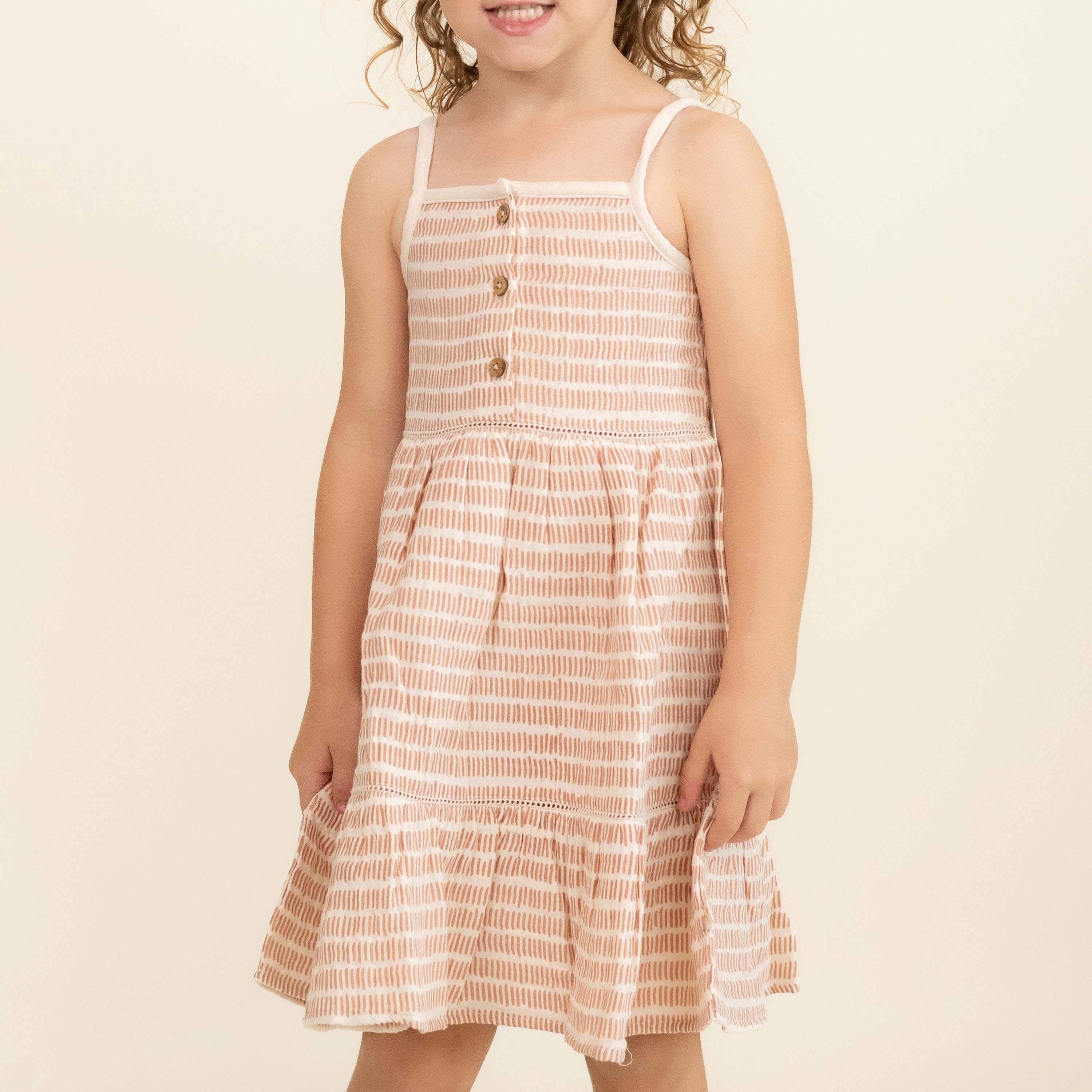 Organic Buttoned Tiered Dress - Dash Lines - Makemake Organics