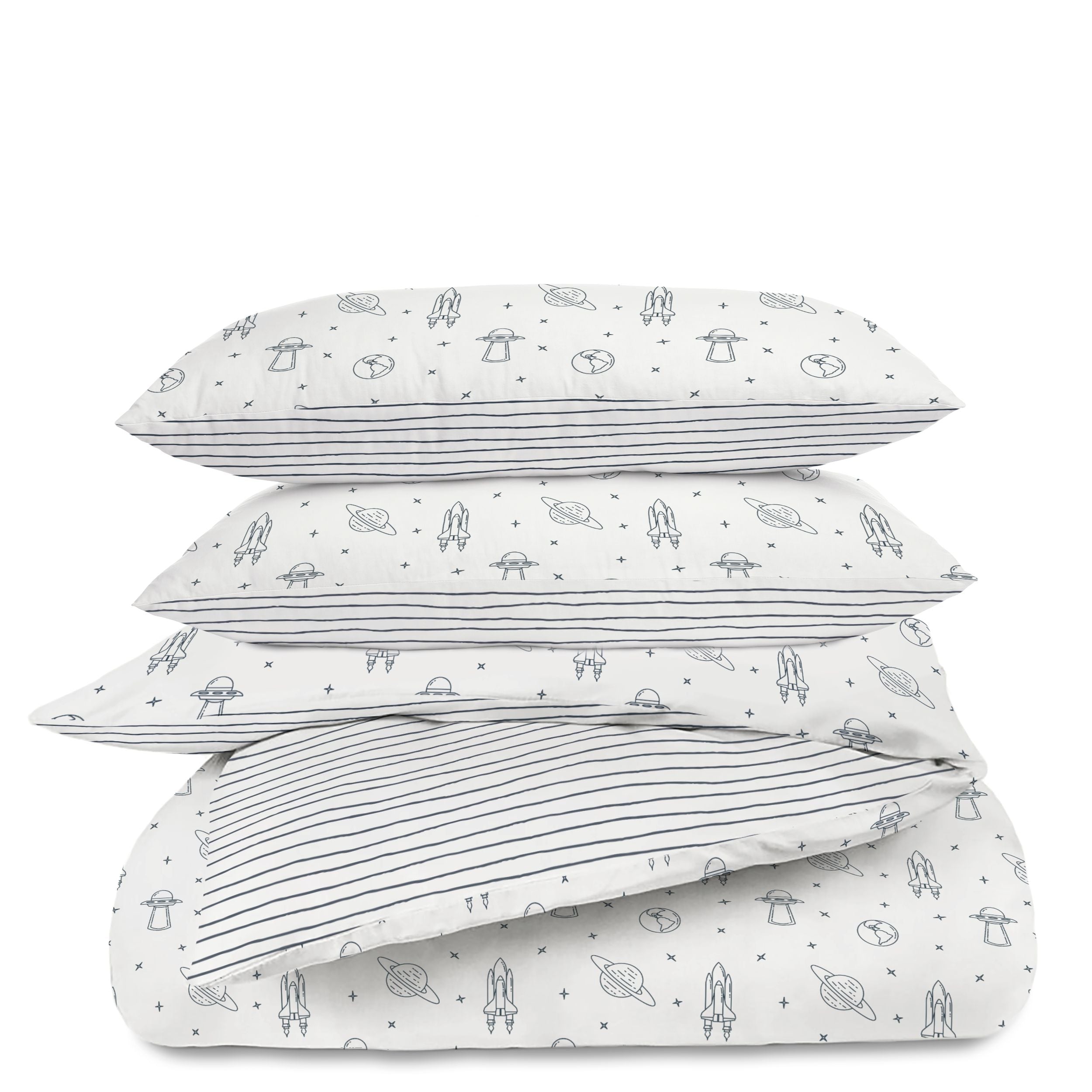 Four stacked pillows with different patterns including striped and doodle designs with trees, mountains, and space motifs, all in black and white, on a white background featuring the Organic Duvet Cover - Celestial & Cobi Blue Stripes by Makemake Organics.