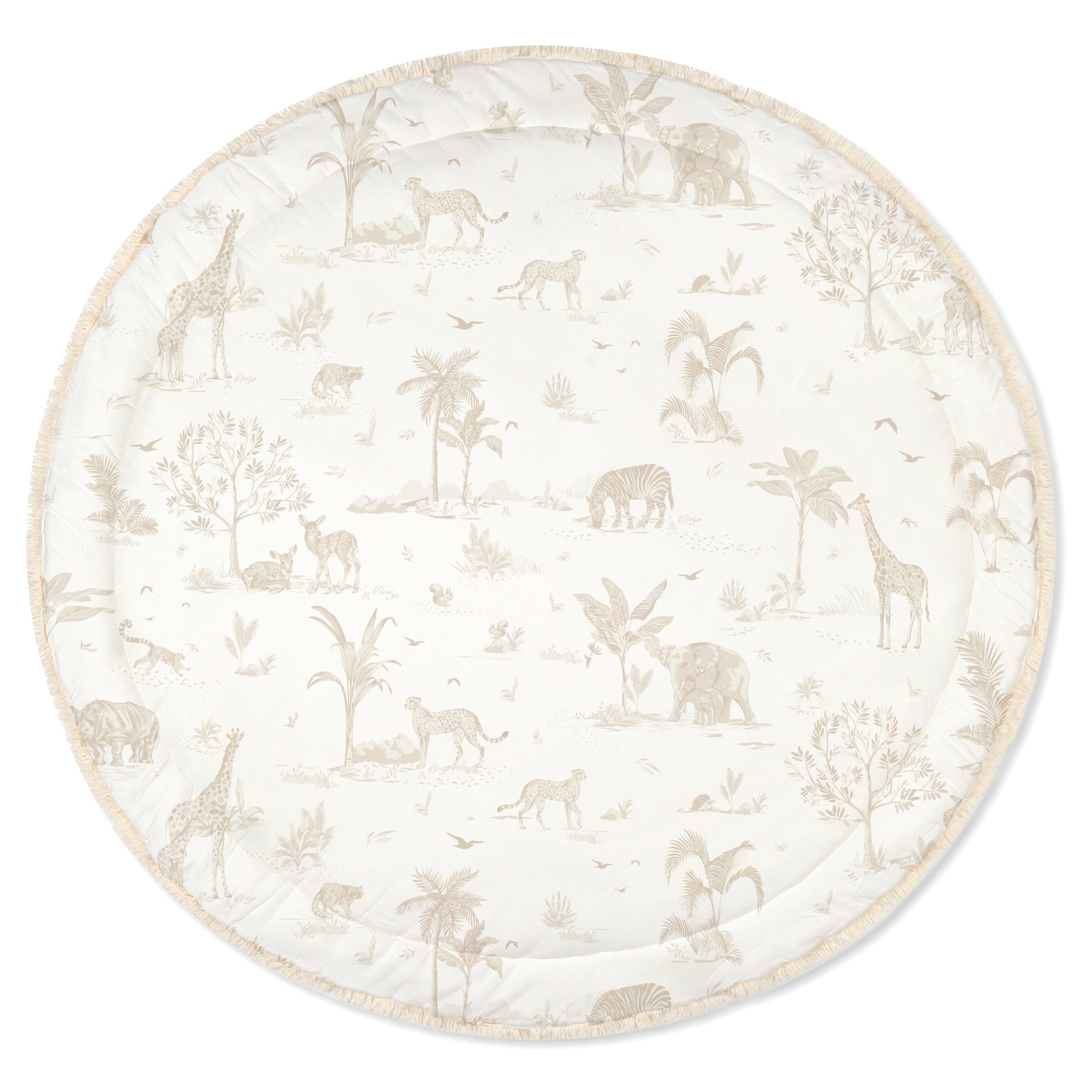 Round Makemake Organics Organic Cotton Quilted Reversible Play Mat featuring a beige and white safari theme with illustrations of giraffes, elephants, lions, trees, and other flora.