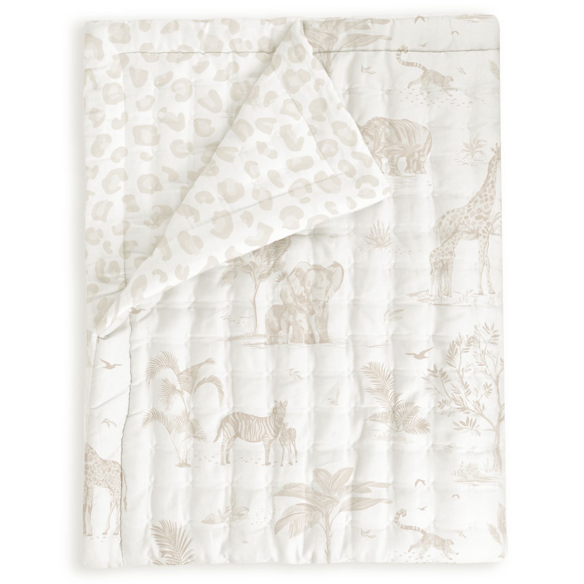 White Organic Cotton Comforter - Safari & Wild by Makemake Organics, featuring sketches of giraffes, elephants, and various foliage.
