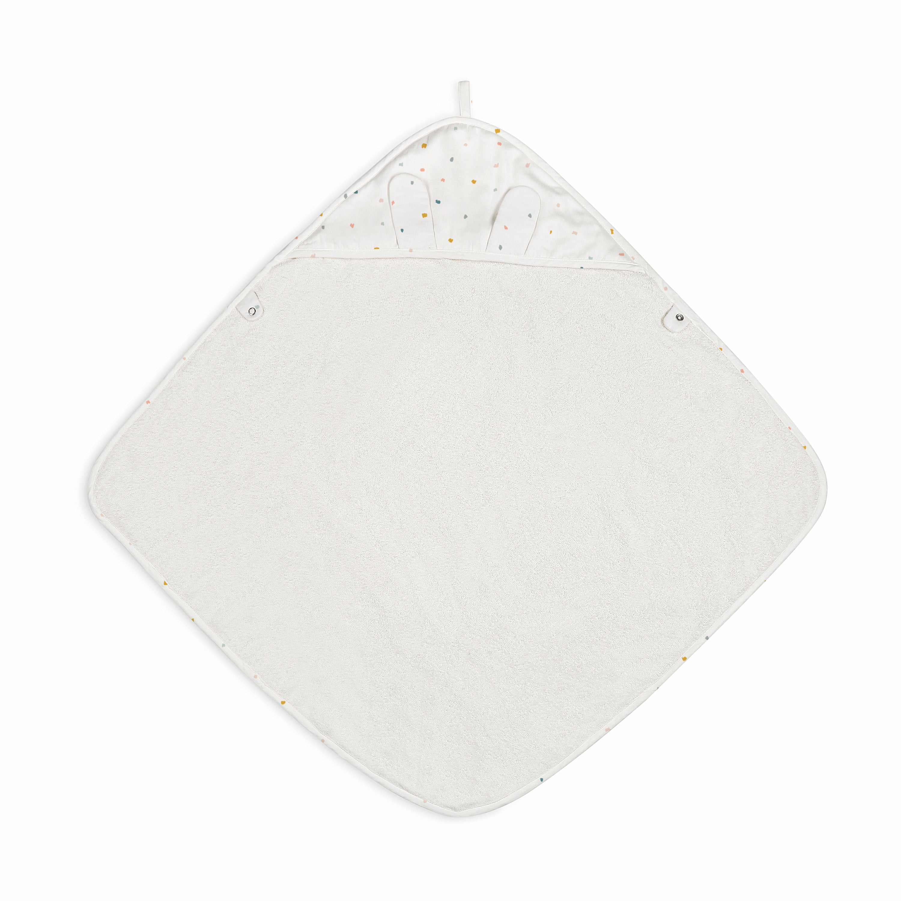 A square, light gray Organic Cotton Hooded Baby Towel & Poncho - Dotty with rounded corners and a pattern of colored dots along the border, folded into a triangular shape with a loop for hanging. Brand: Makemake Organics