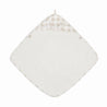A square pot holder with rounded corners, featuring a beige terry cloth front and a Makemake Organics Organic Cotton Hooded Baby Towel & Poncho - Plaid pattern back with a hanging loop, displayed against a white background.