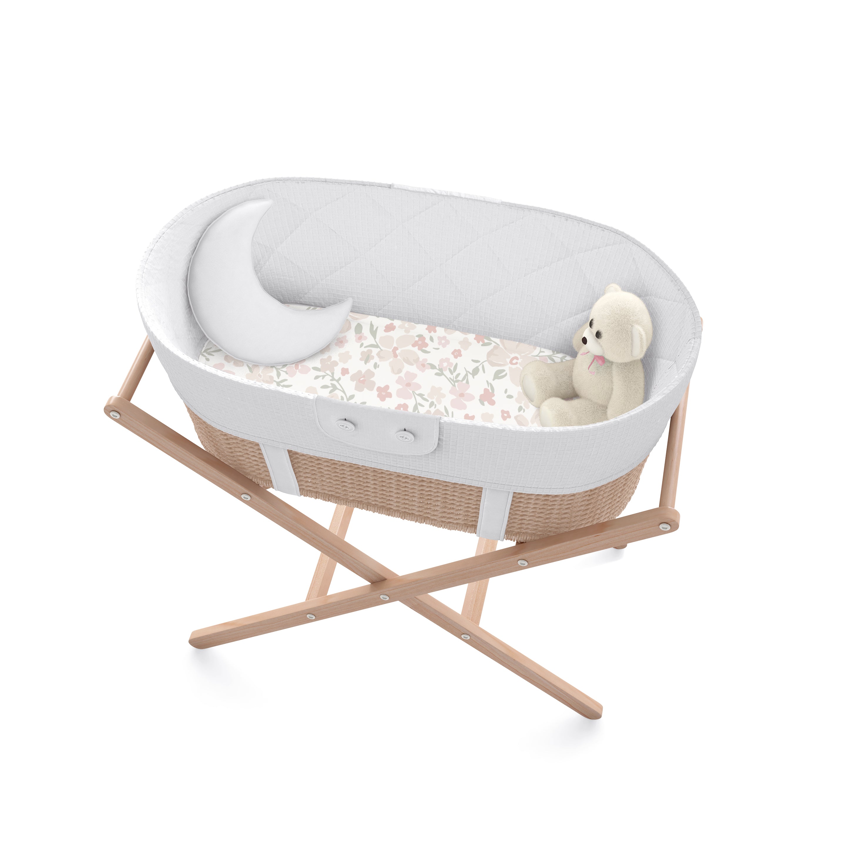 A modern baby bassinet on a wooden stand, featuring a white quilted texture with a floral patterned mattress and a soft teddy bear inside. it's set against a white background.
Product Name: Makemake Organics Bassinet Fitted Sheet - Blossom & Plaid