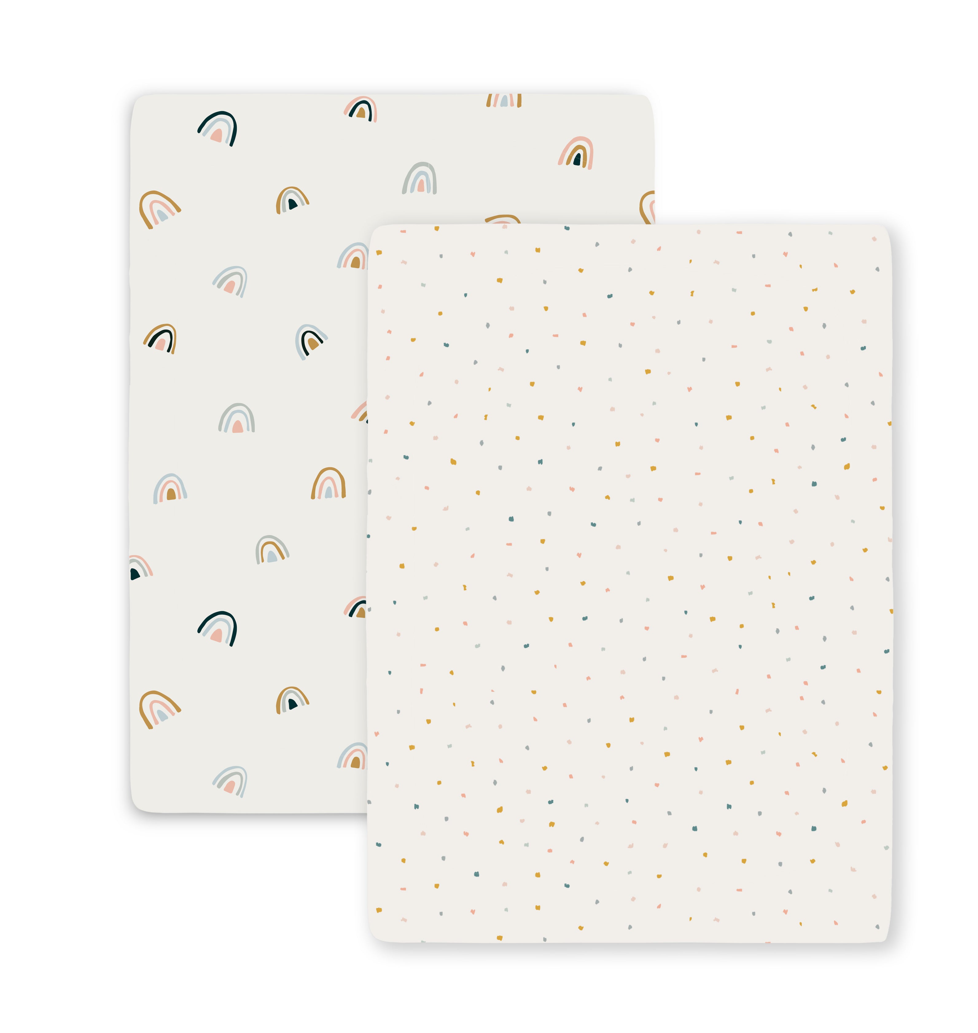 Two stackable Mini Crib Fitted Sheet Sets with different designs; one featuring small pastel rainbows on a white background and the other with polka dots in pastel colors on white from Makemake Organics.