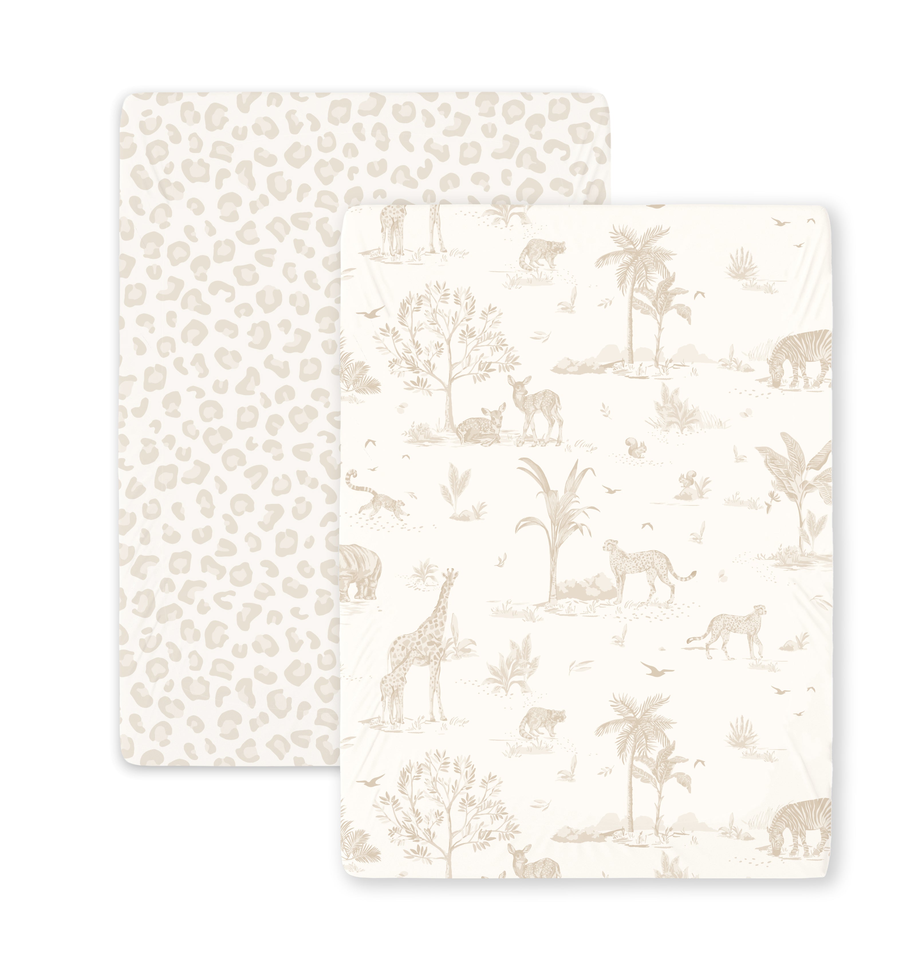 Two folded Mini Crib Fitted Sheet Sets - Safari & Wild by Makemake Organics; one features a leopard print pattern and the other displays a safari scene with various animals like giraffes and elephants.