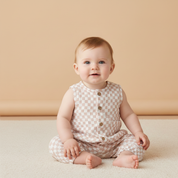 Organic Buttoned Jumpsuit - Brick Checks - Makemake Organics