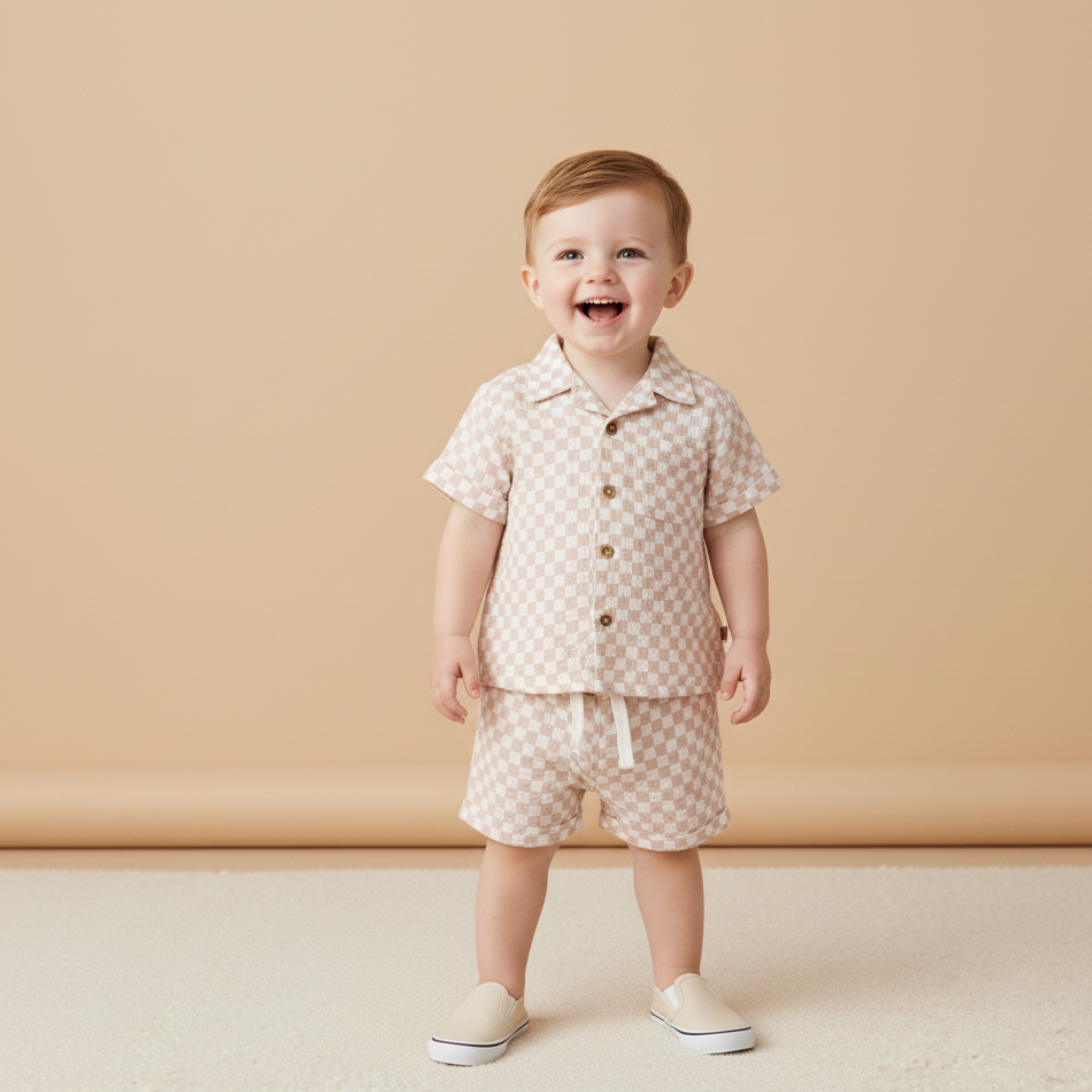Organic Shirt & Shorts Set - Brick Checks - Makemake Organics