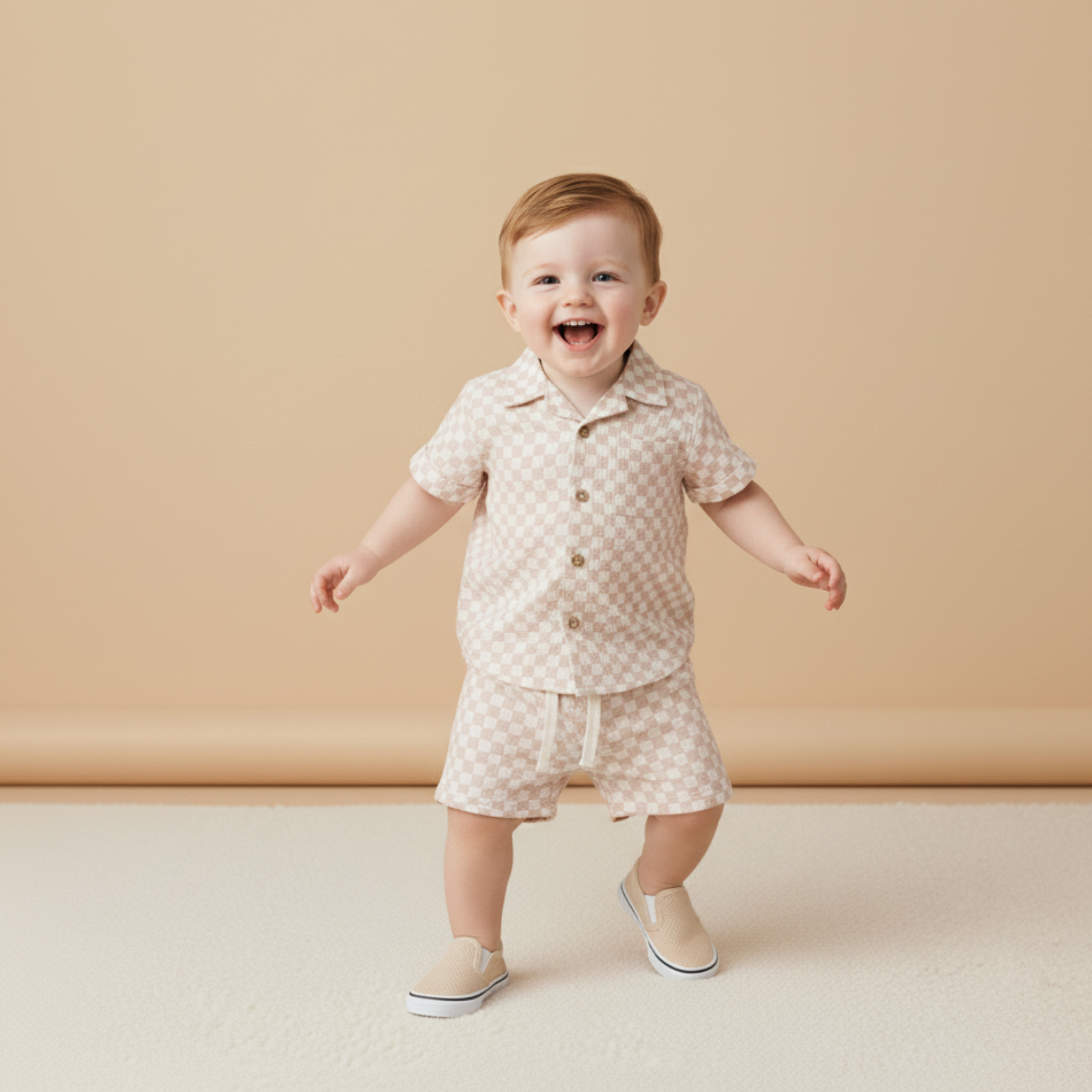 Organic Shirt & Shorts Set - Brick Checks - Makemake Organics