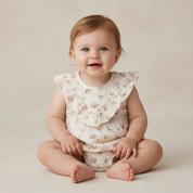 Organic Sleeveless Ruffle Bubble Romper - Blush Floral - Makemake Organics