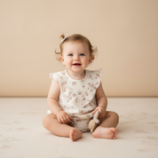 Organic Sleeveless Ruffle Bubble Romper - Blush Floral - Makemake Organics