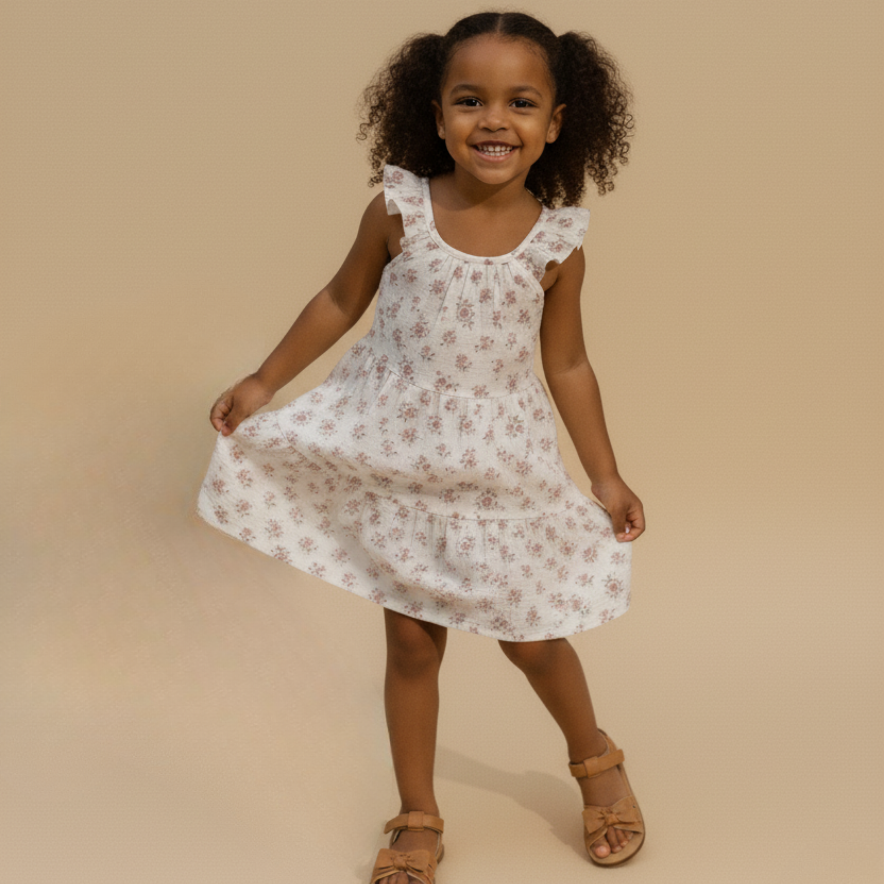 Organic Ruffle Tiered Dress - Blush Floral - Makemake Organics
