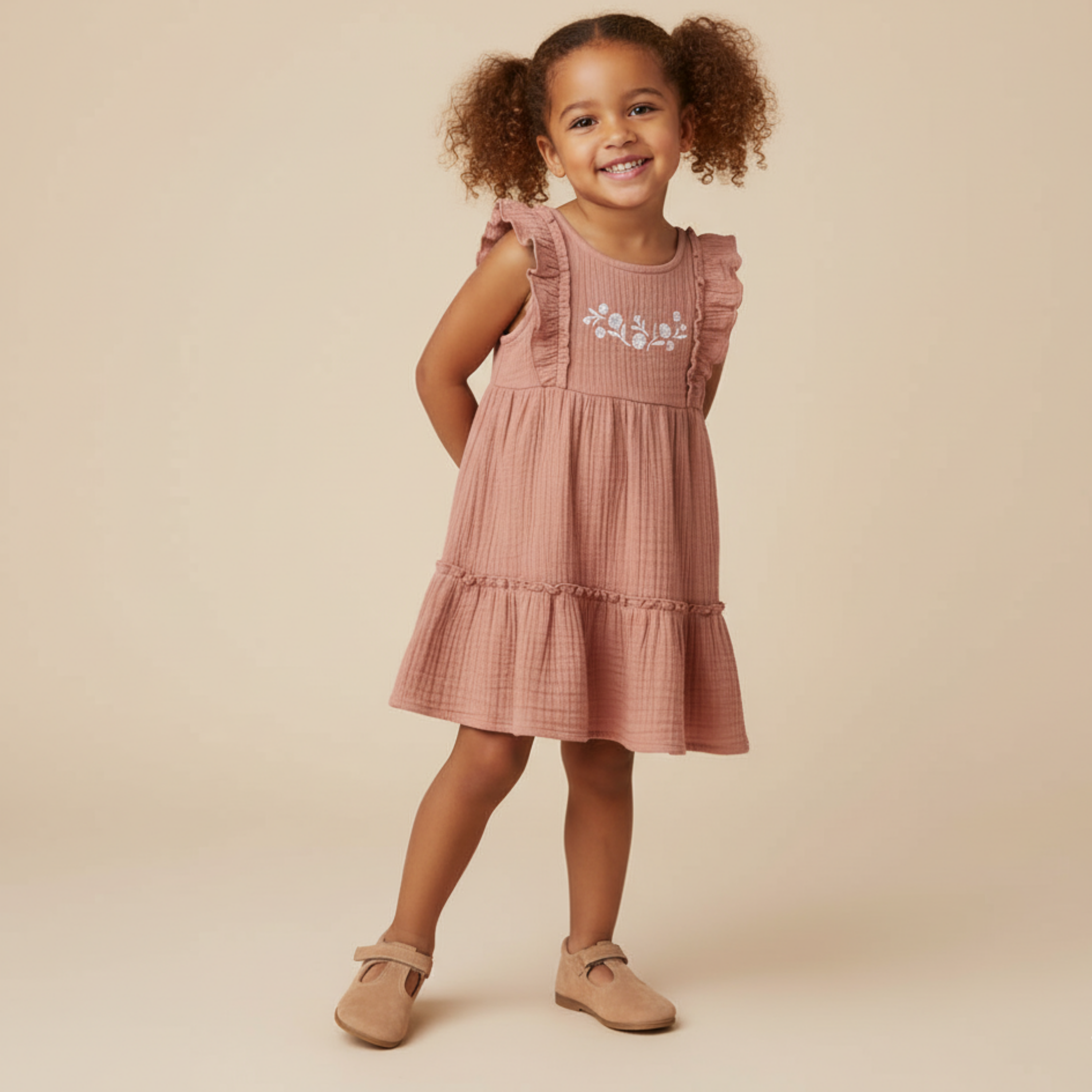 Organic Embroidered Tiered Dress - Clay - Makemake Organics