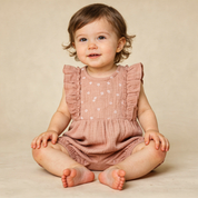 Organic Embroidered Ruffle Romper - Clay - Makemake Organics
