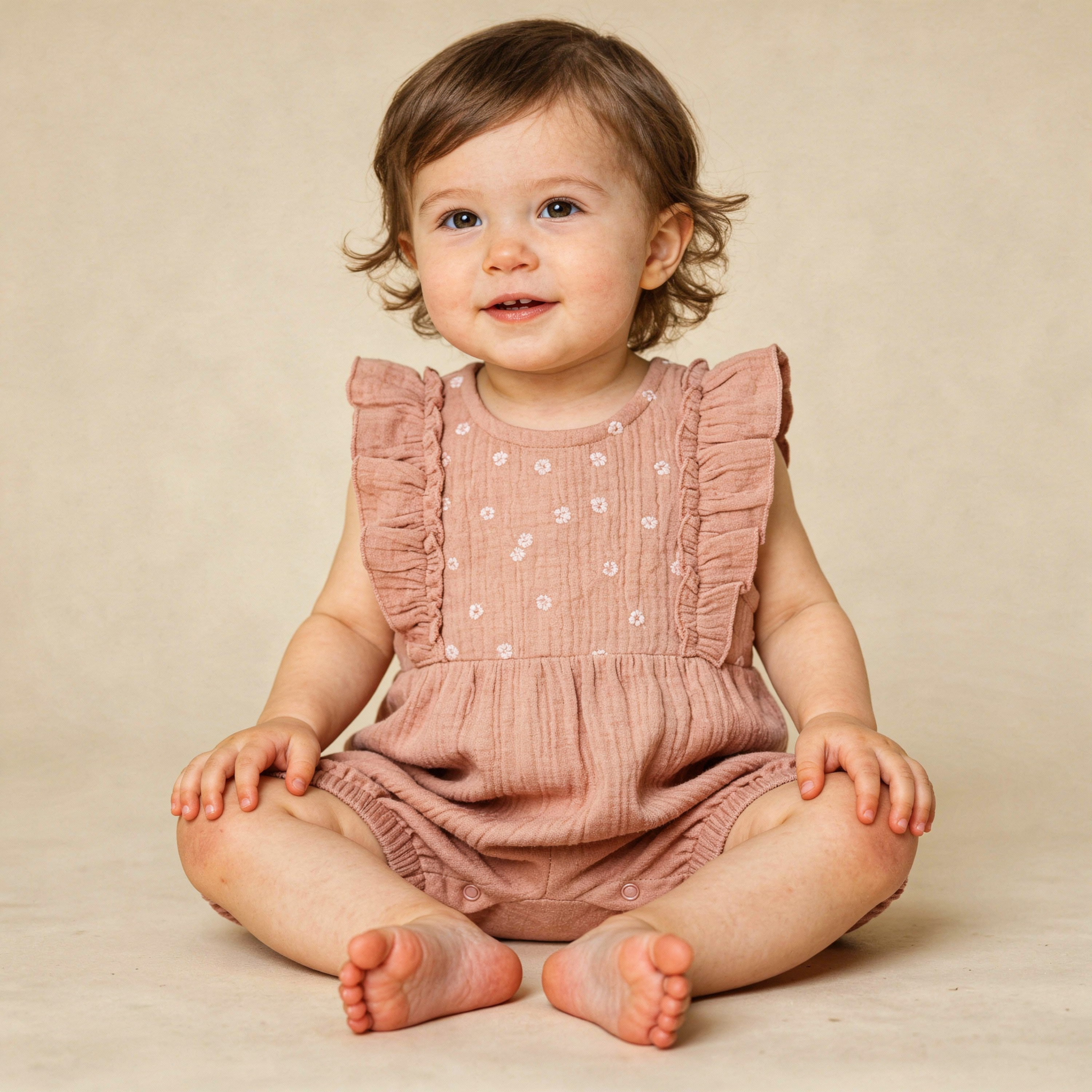 Organic Embroidered Ruffle Romper - Clay - Makemake Organics