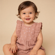 Organic Embroidered Ruffle Romper - Clay - Makemake Organics