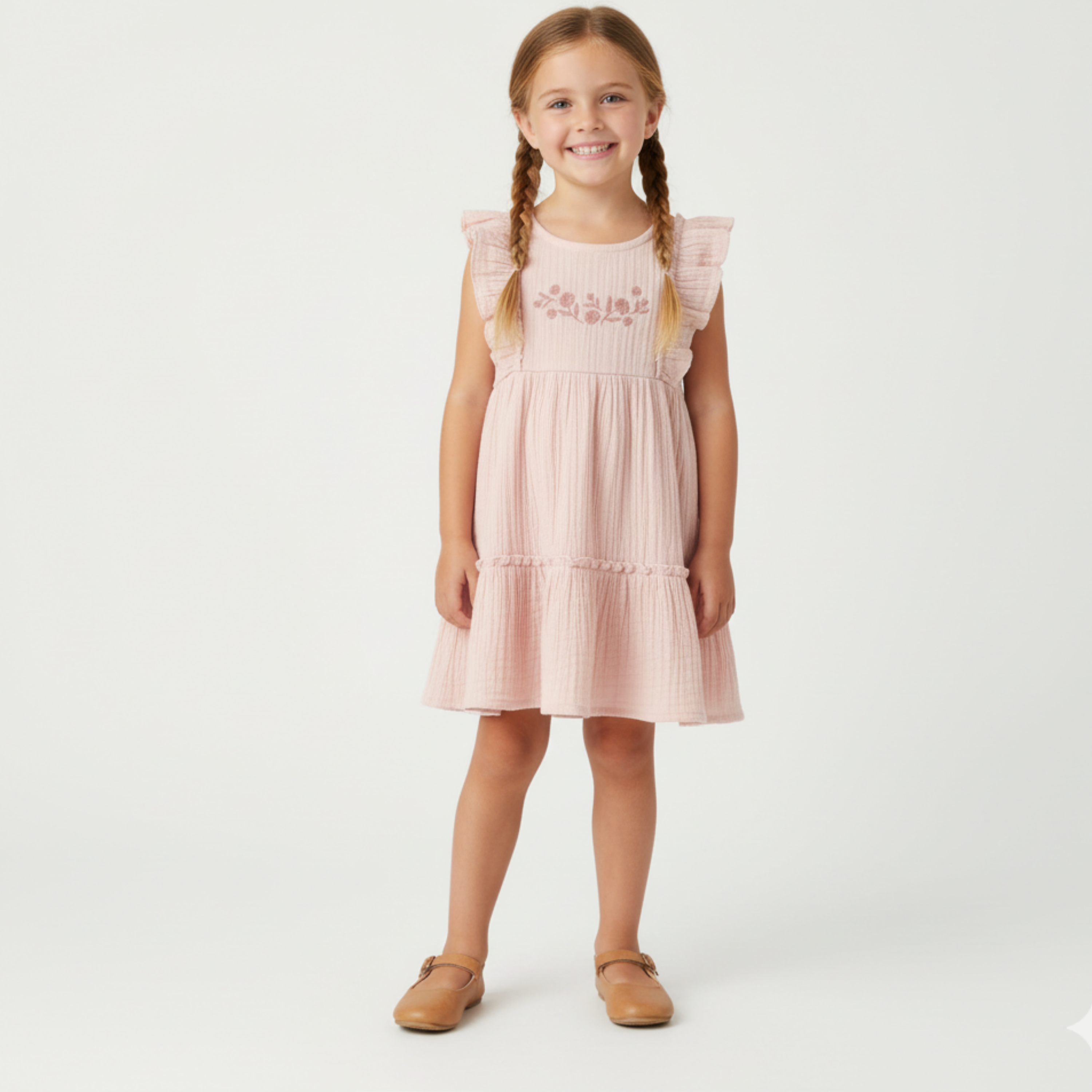 Organic Embroidered Tiered Dress - Blush - Makemake Organics