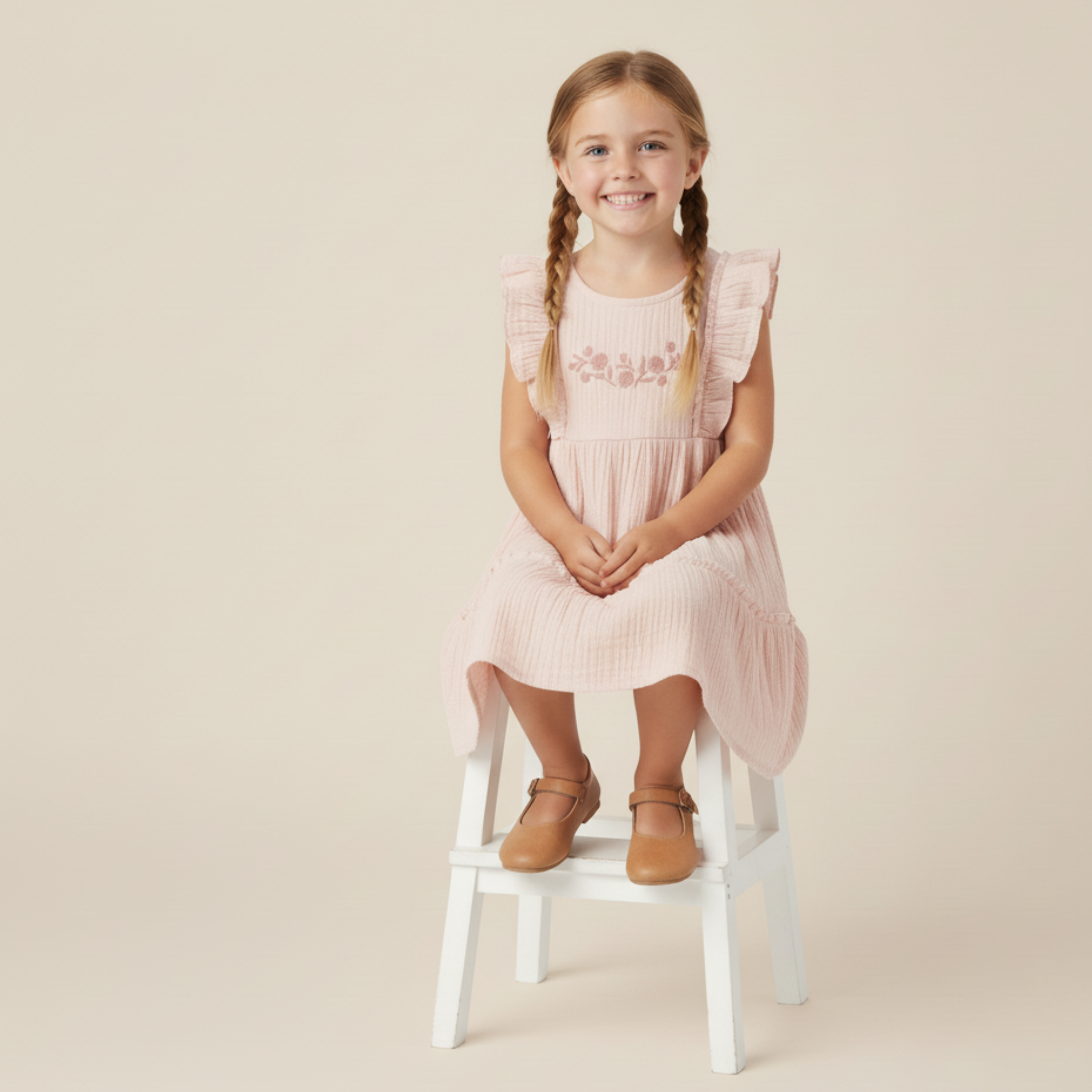 Organic Embroidered Tiered Dress - Blush - Makemake Organics