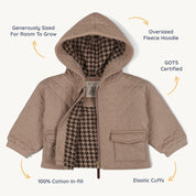 Organic Quilted Hooded Jacket - Taupe - Makemake Organics
