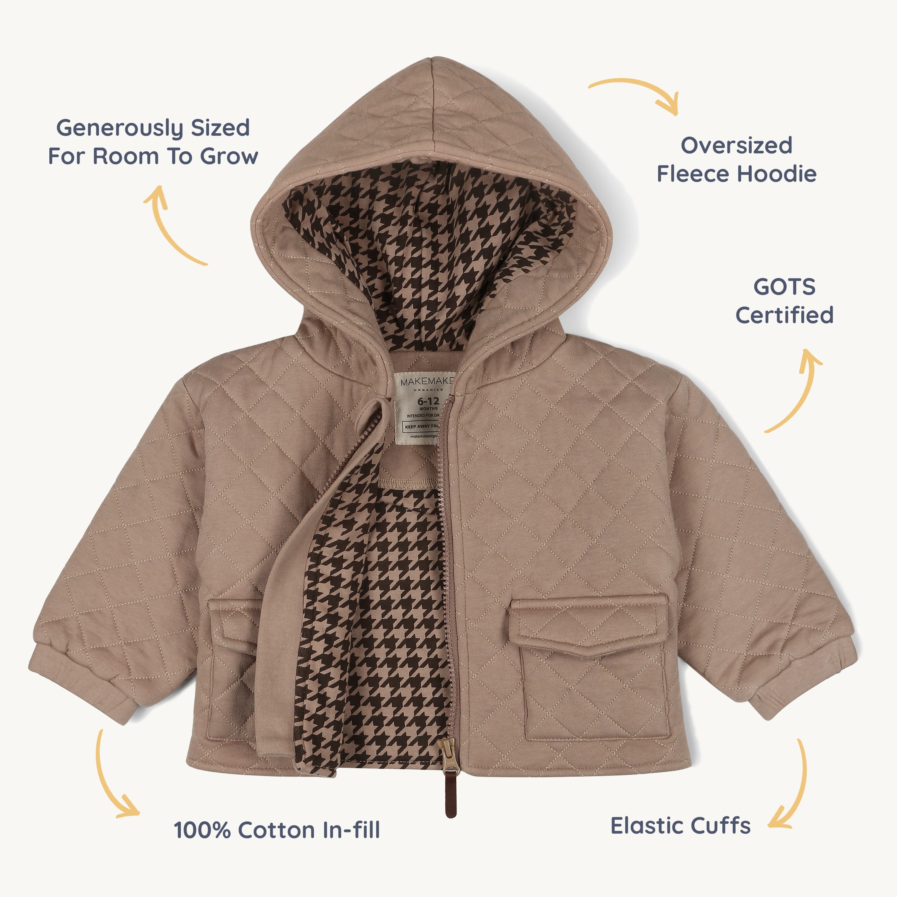 Organic Quilted Hooded Jacket - Taupe - Makemake Organics