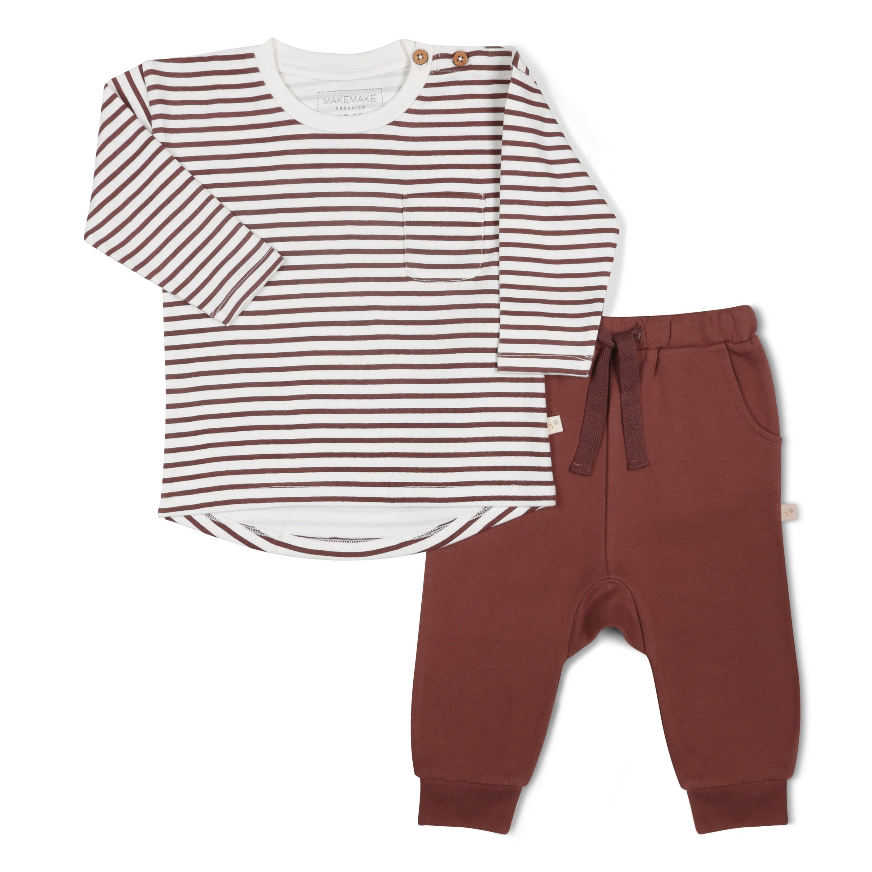 Organic Long Sleeve Tee & Pant Set - Plum Stripes - Makemake Organics