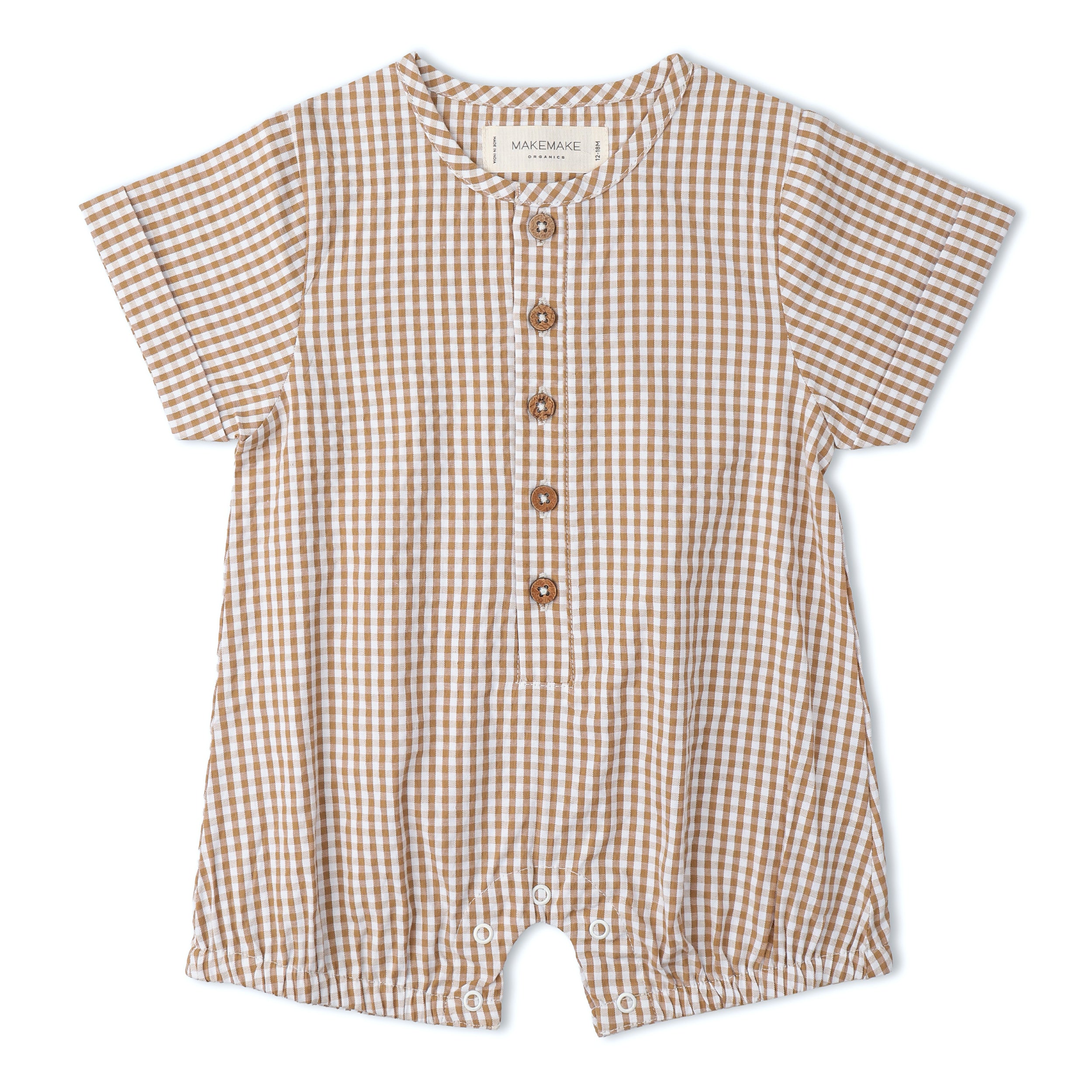 Organic Short Bubble Romper - Caramel Check - Makemake Organics