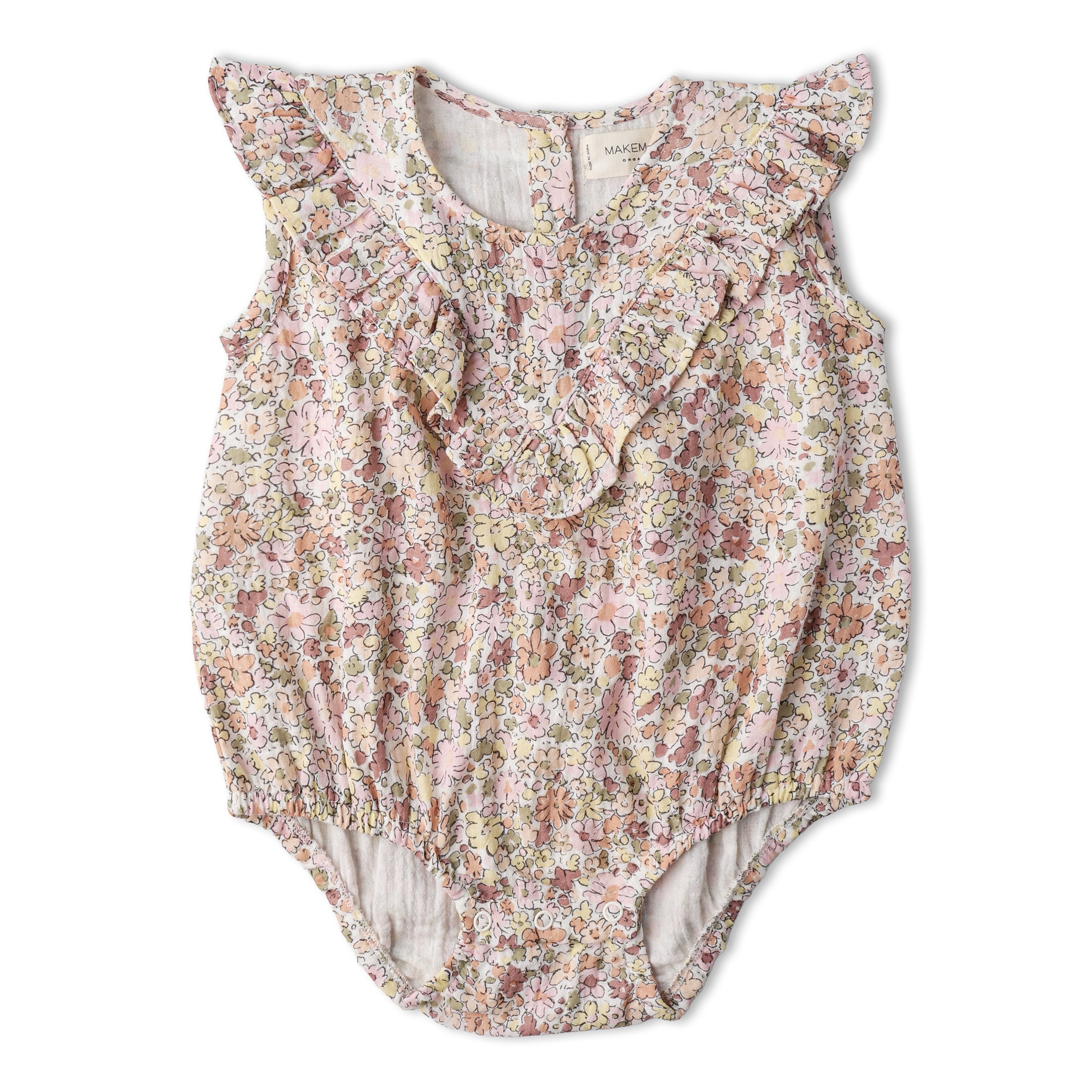 Organic Sleeveless Ruffle Bubble Romper - Pastel Bloom - Makemake Organics