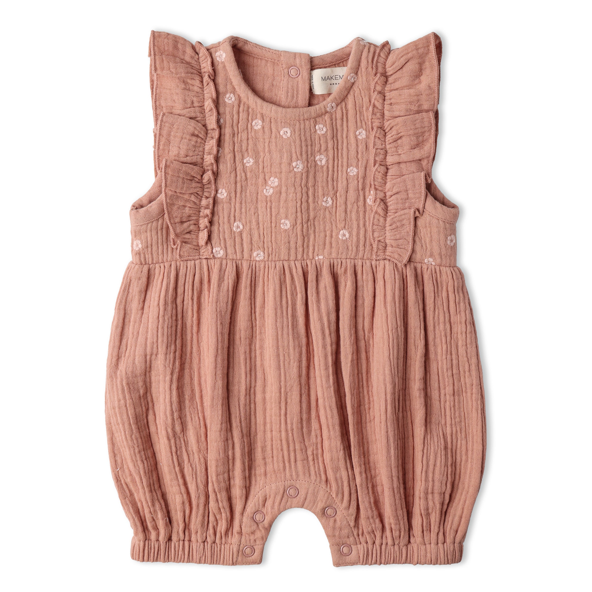 Organic Embroidered Ruffle Romper - Clay - Makemake Organics