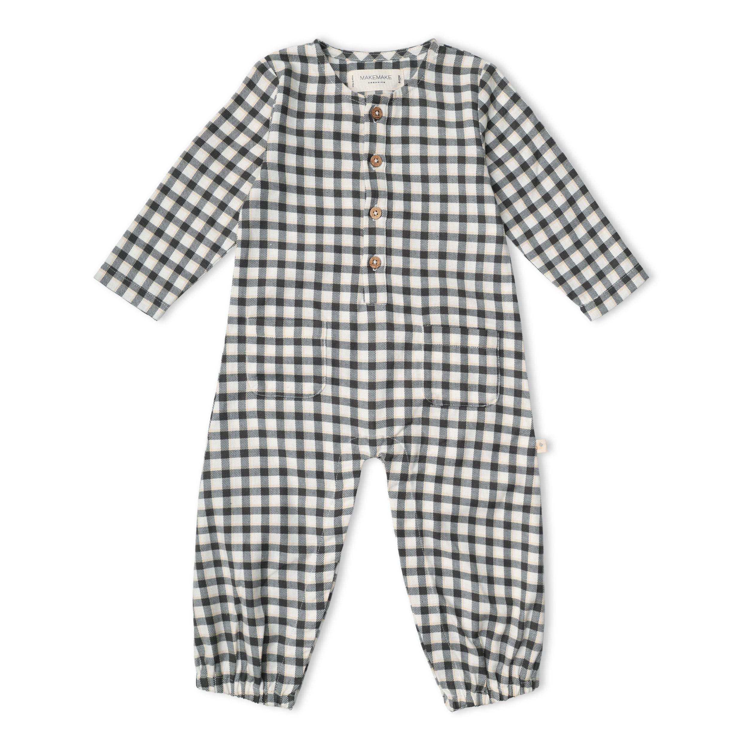 Organic Long Sleeve Button Romper - Charcoal Plaid