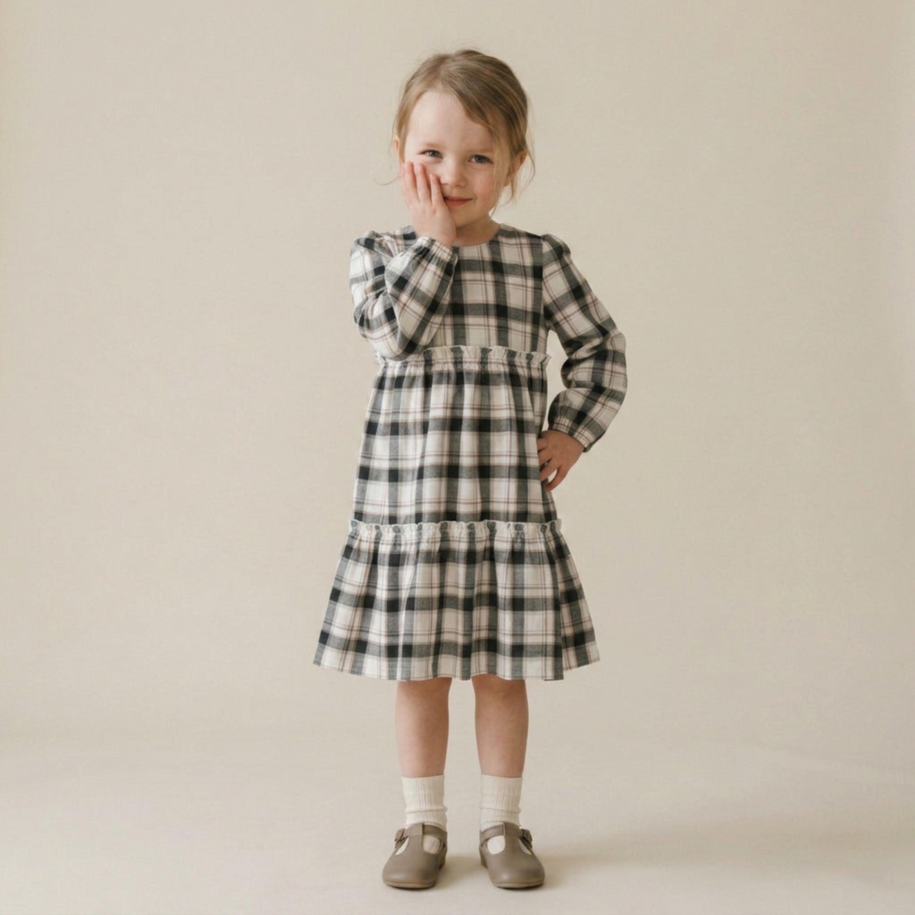 Organic Long Sleeve Tiered Dress - Plaid Checks - Makemake Organics