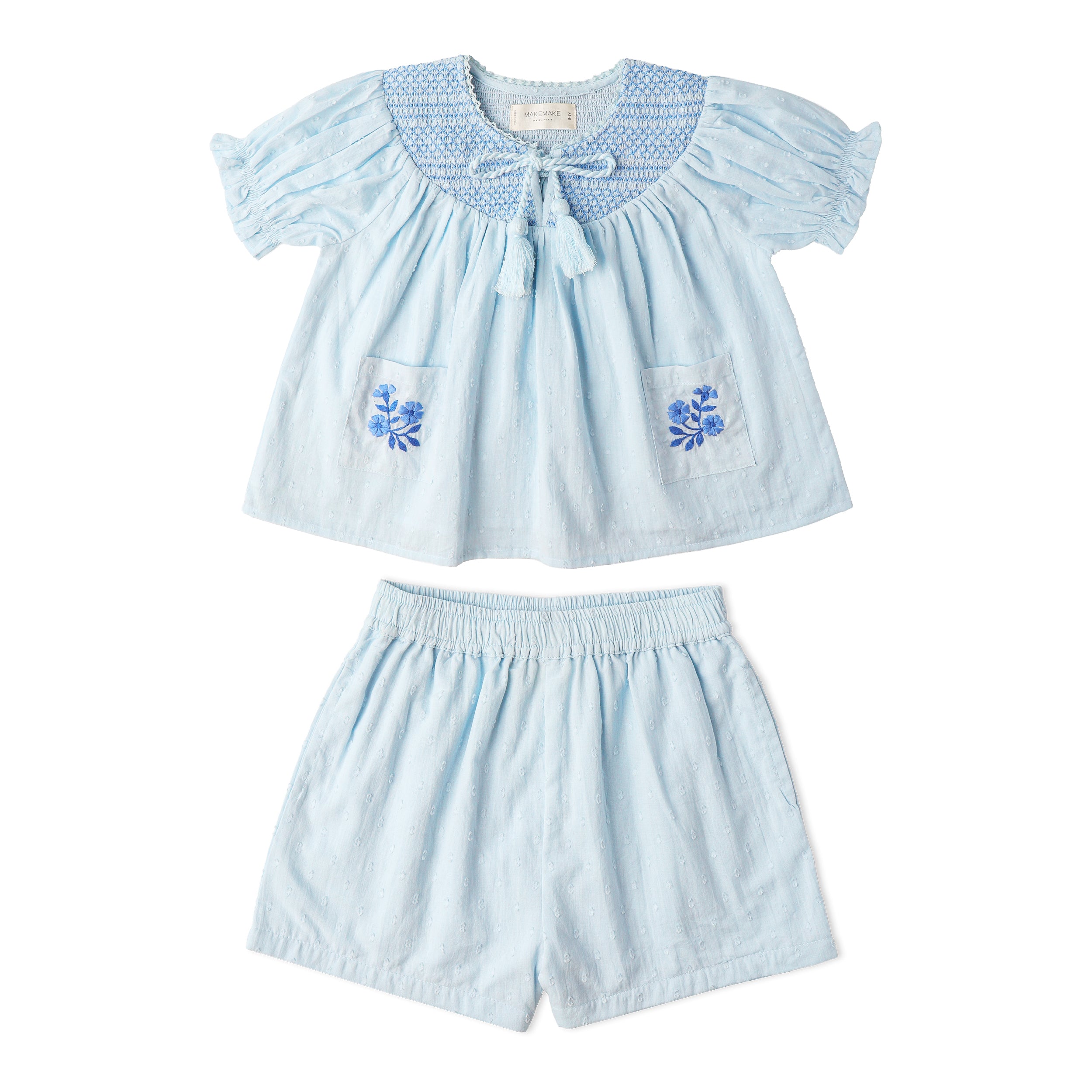 Organic Smocked Top & Shorts Set - Light Blue - Makemake Organics