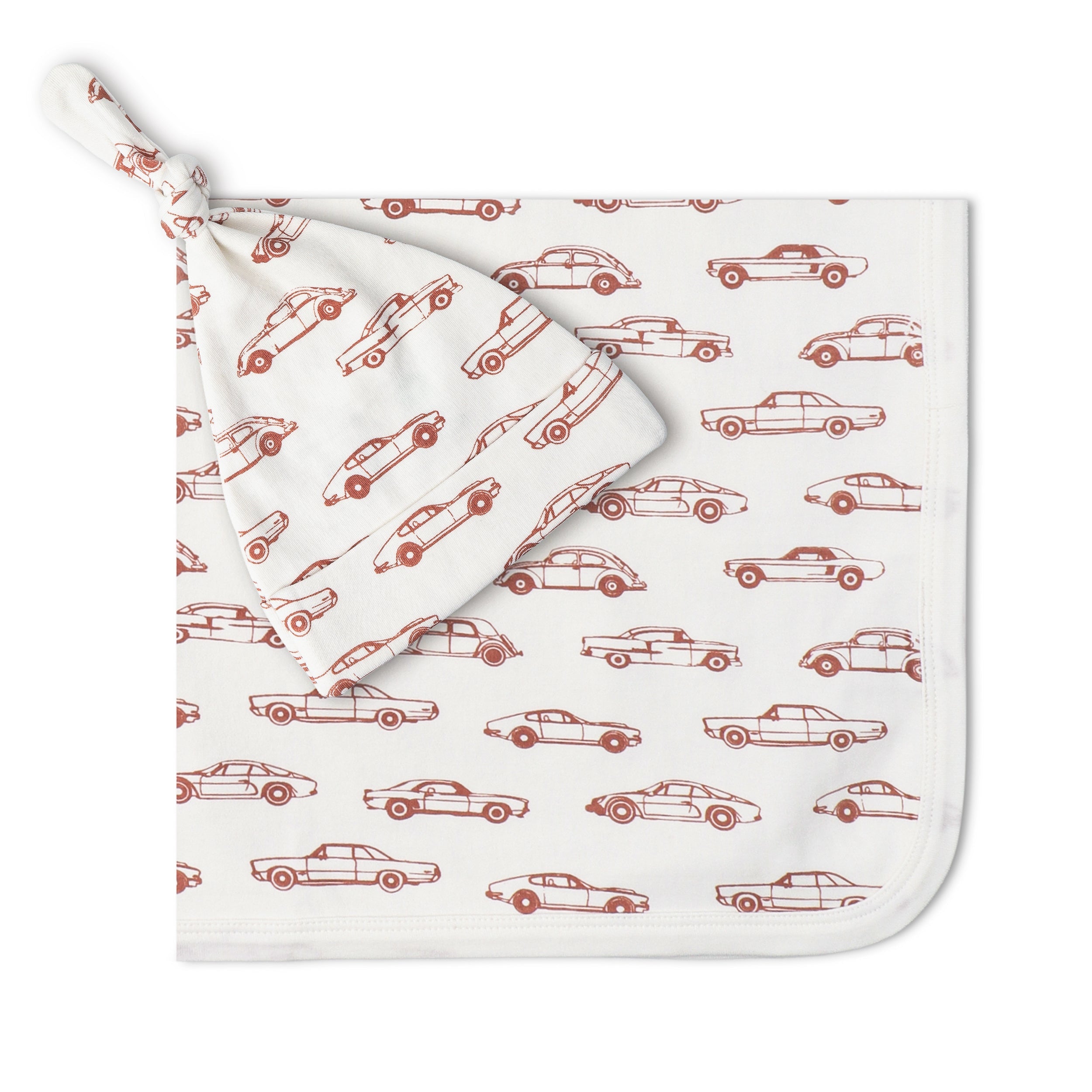 Organic Swaddle Blanket & Hat Set - Cars - Makemake Organics